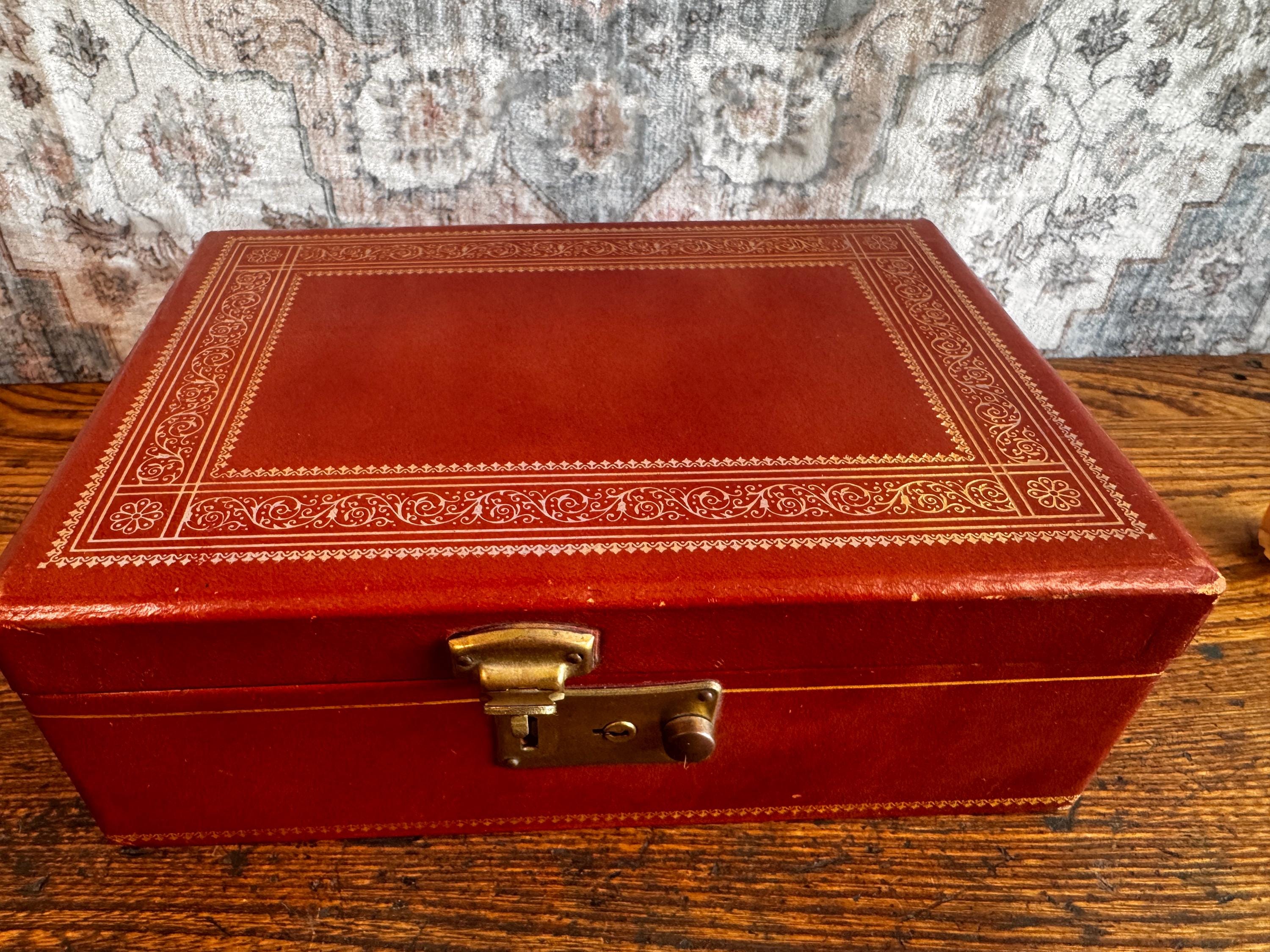 Vintage Red Leather Jewelry Box with Green Velvet Interior