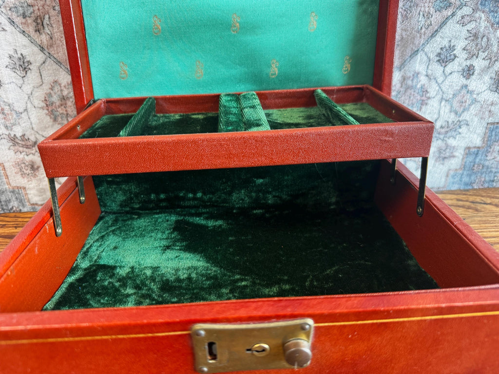 Vintage Red Leather Jewelry Box with Green Velvet Interior