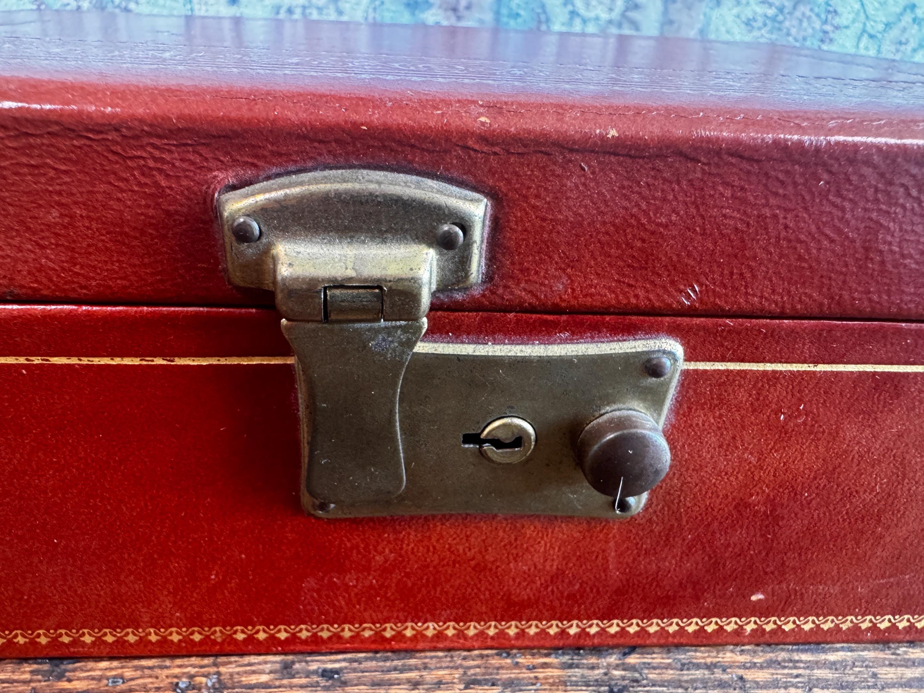 Vintage Red Leather Jewelry Box with Green Velvet Interior