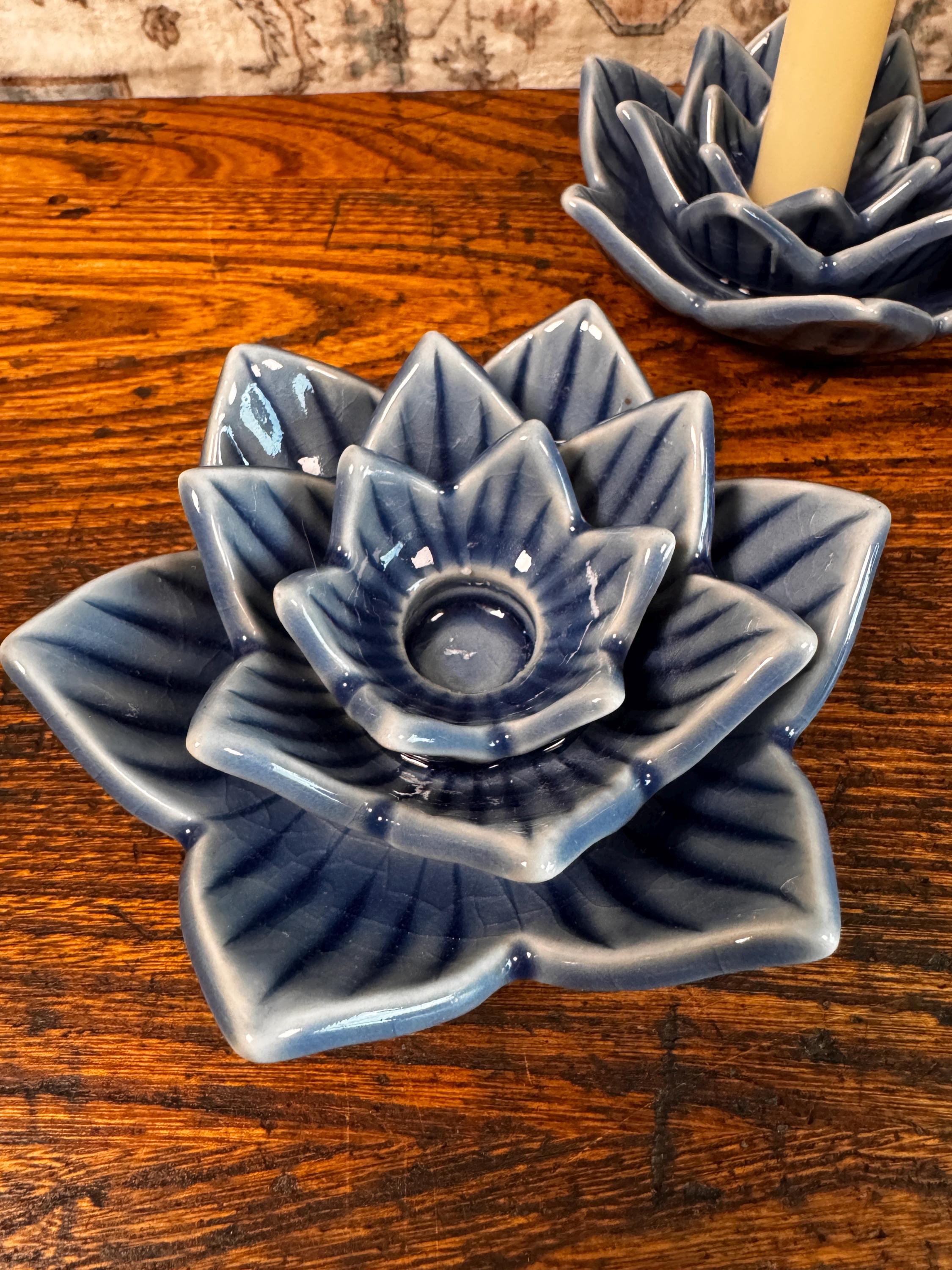 Blue Ceramic Lotus Flower Candle Holders by Siam Celadon