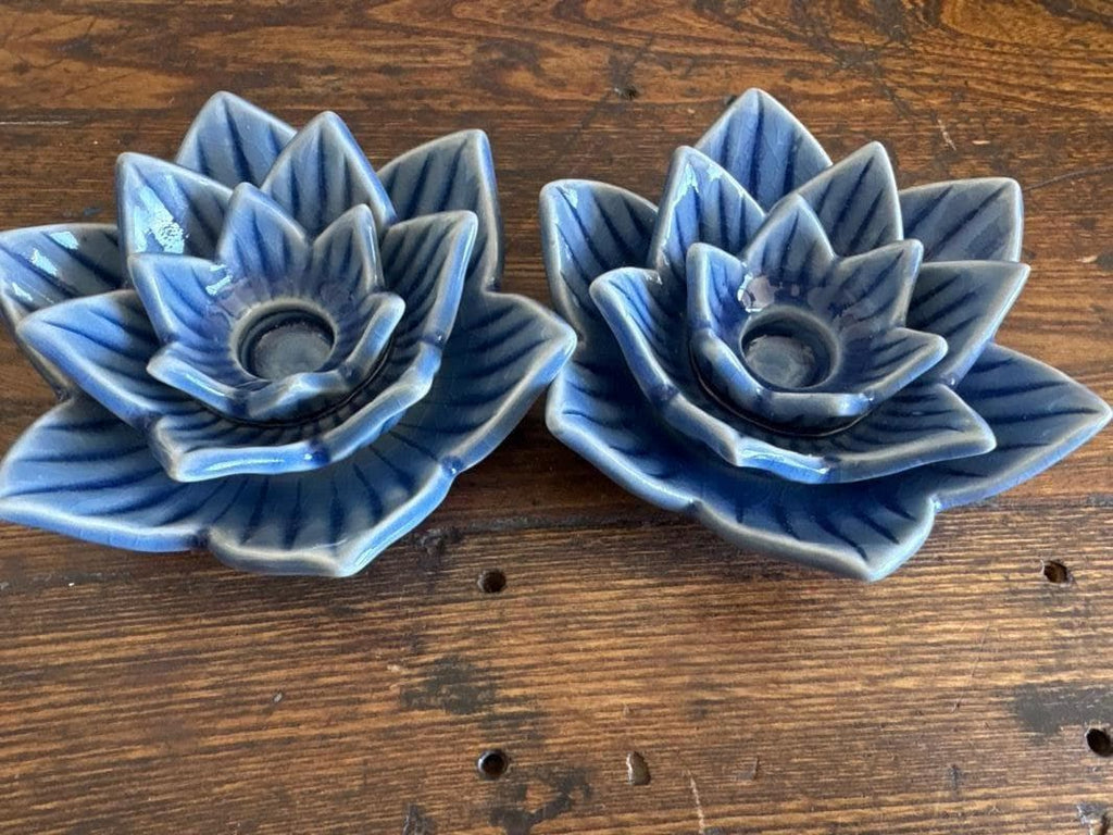 Blue Ceramic Lotus Flower Candle Holders by Siam Celadon