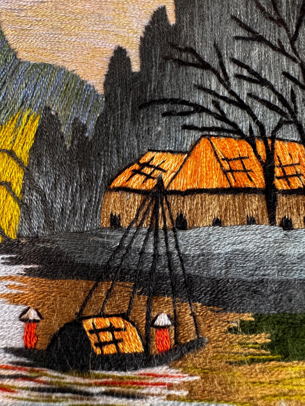 Hand-Embroidered Landscape Textile Art with Bamboo and River Scene