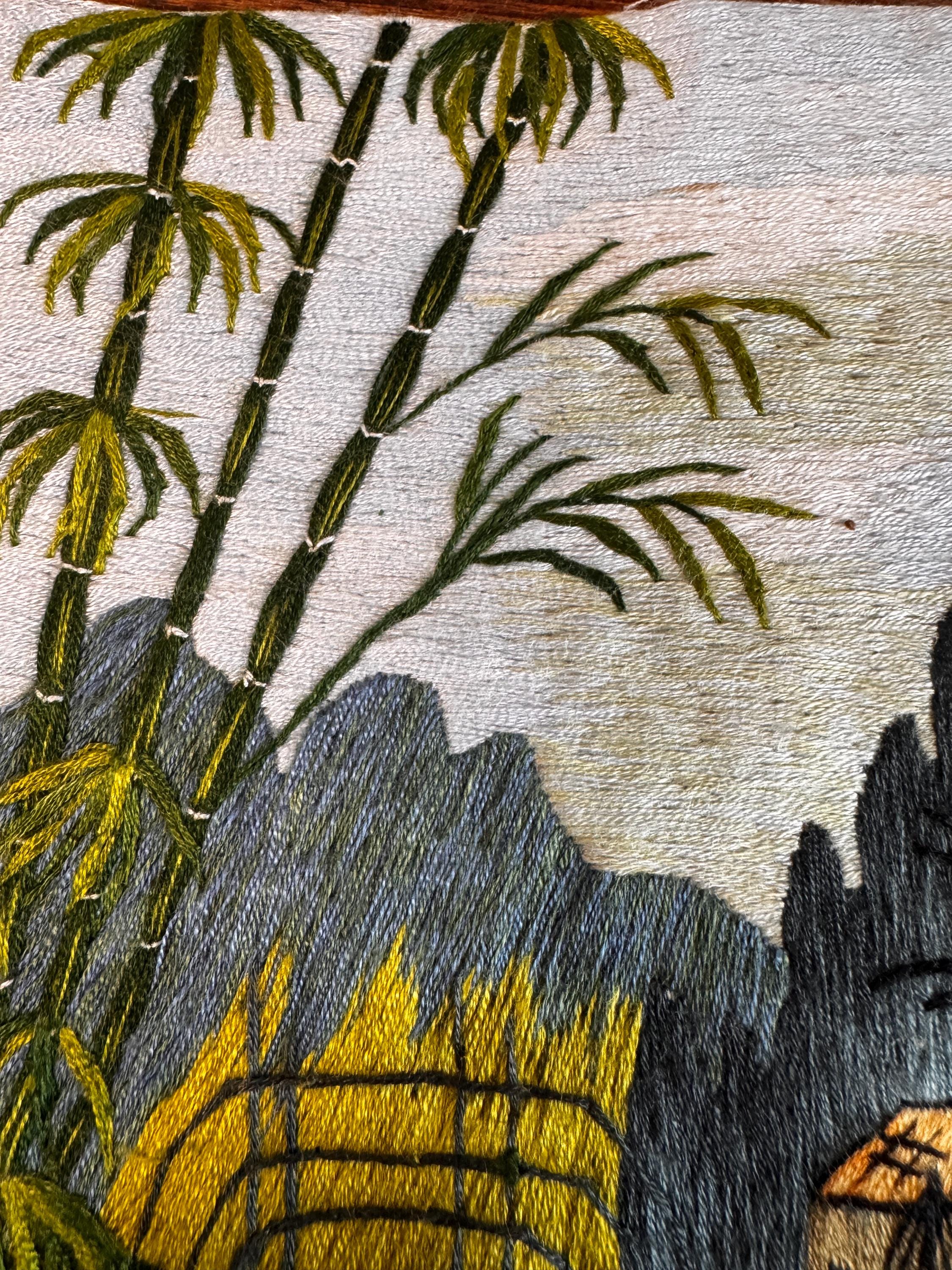 Hand-Embroidered Landscape Textile Art with Bamboo and River Scene