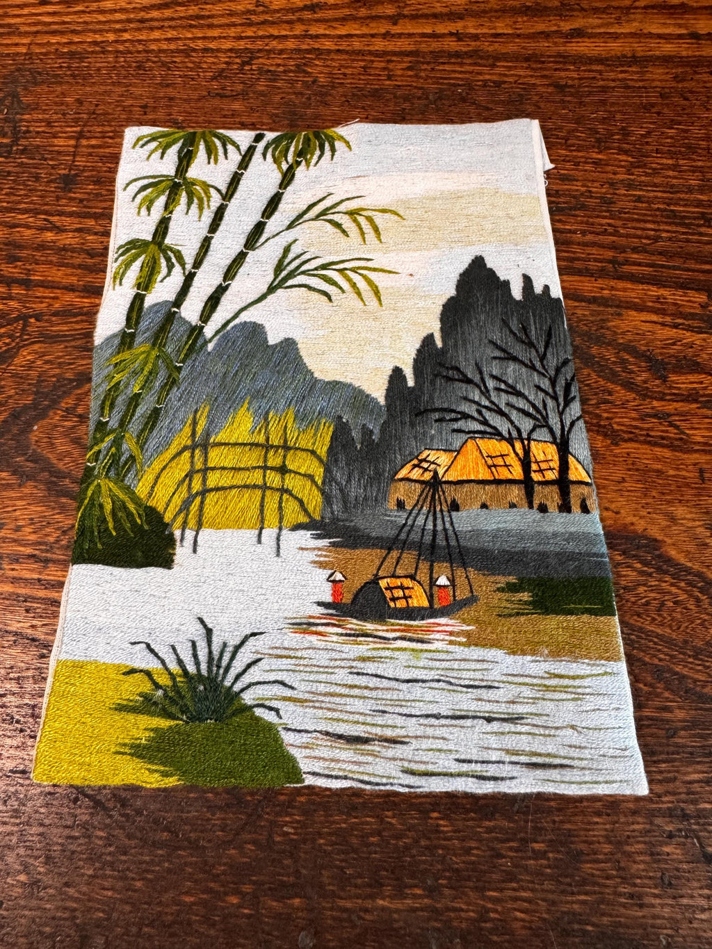Hand-Embroidered Landscape Textile Art with Bamboo and River Scene