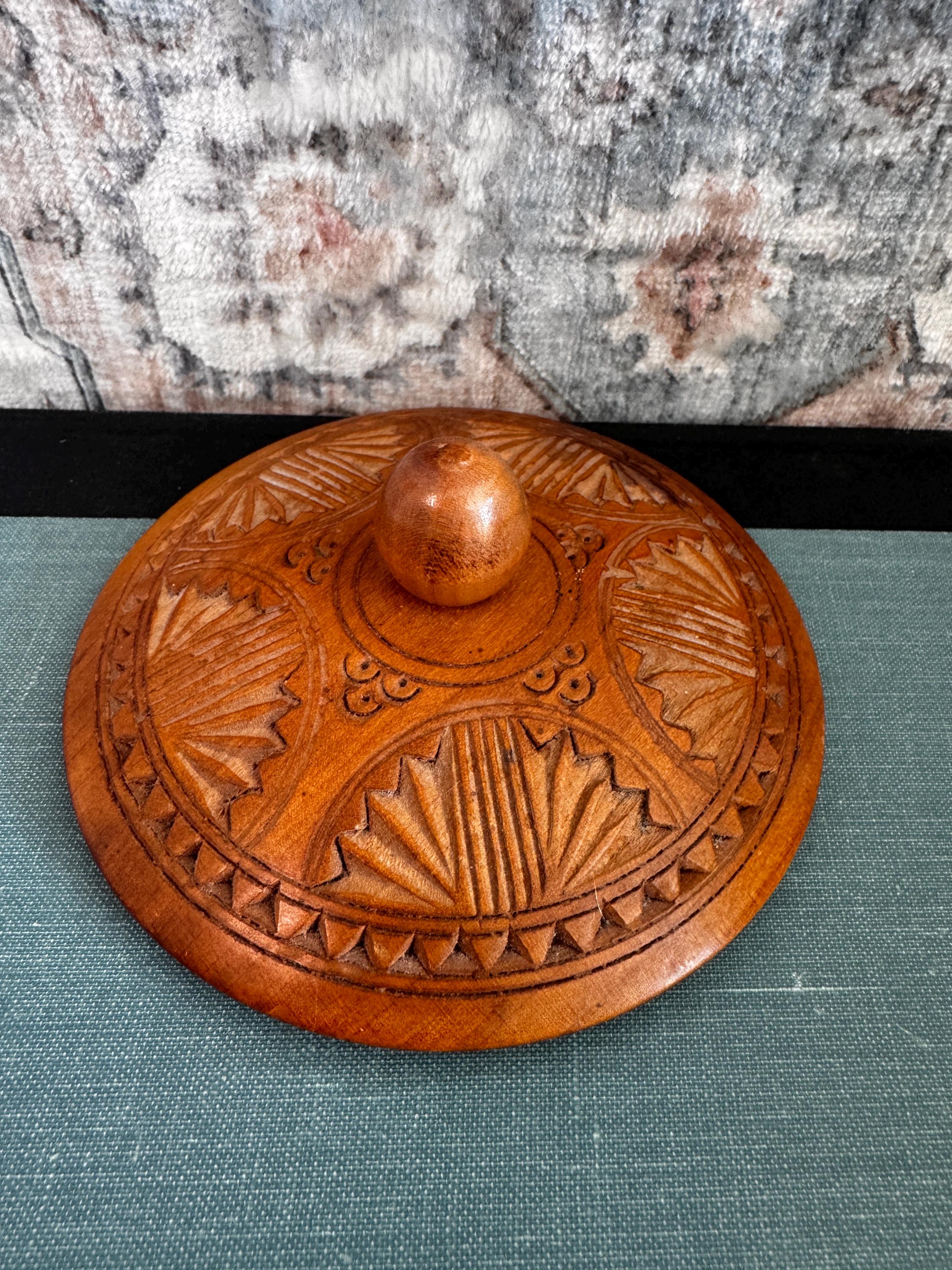 Hand-Carved Wooden Lidded Bowl with Decorative Lid