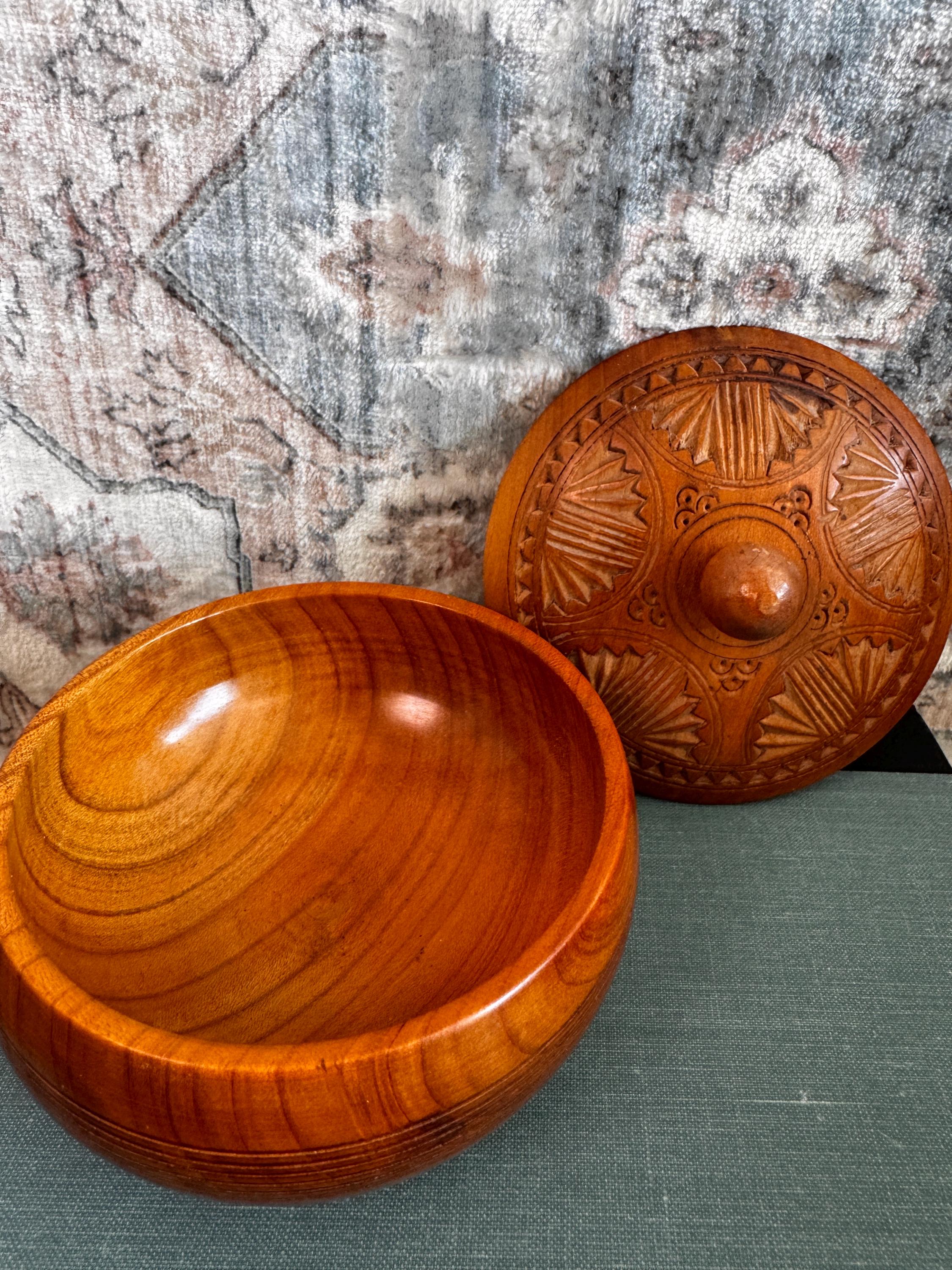 Hand-Carved Wooden Lidded Bowl with Decorative Lid