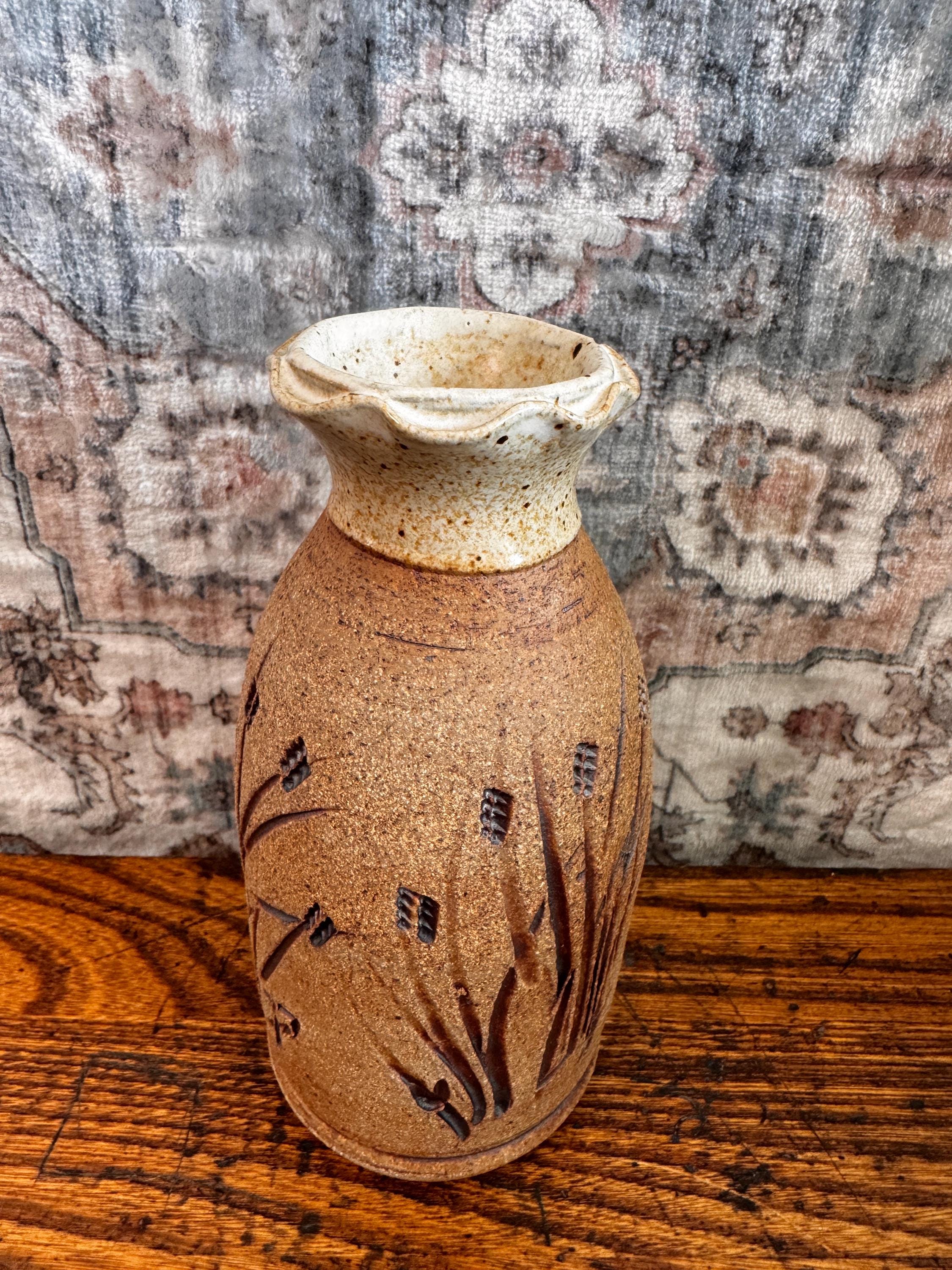 Handcrafted Stoneware Vase with Wheat Motif