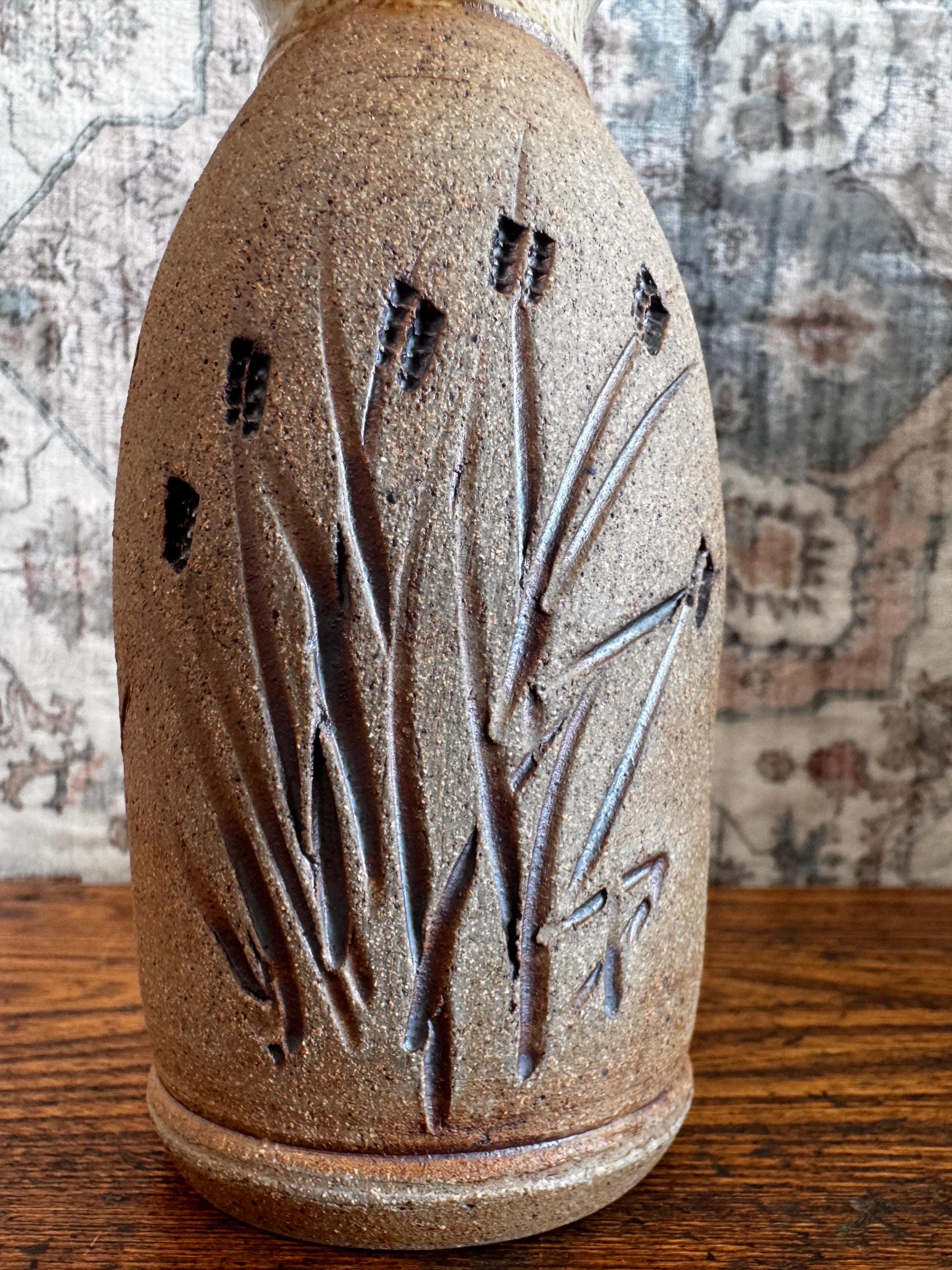Handcrafted Stoneware Vase with Wheat Motif