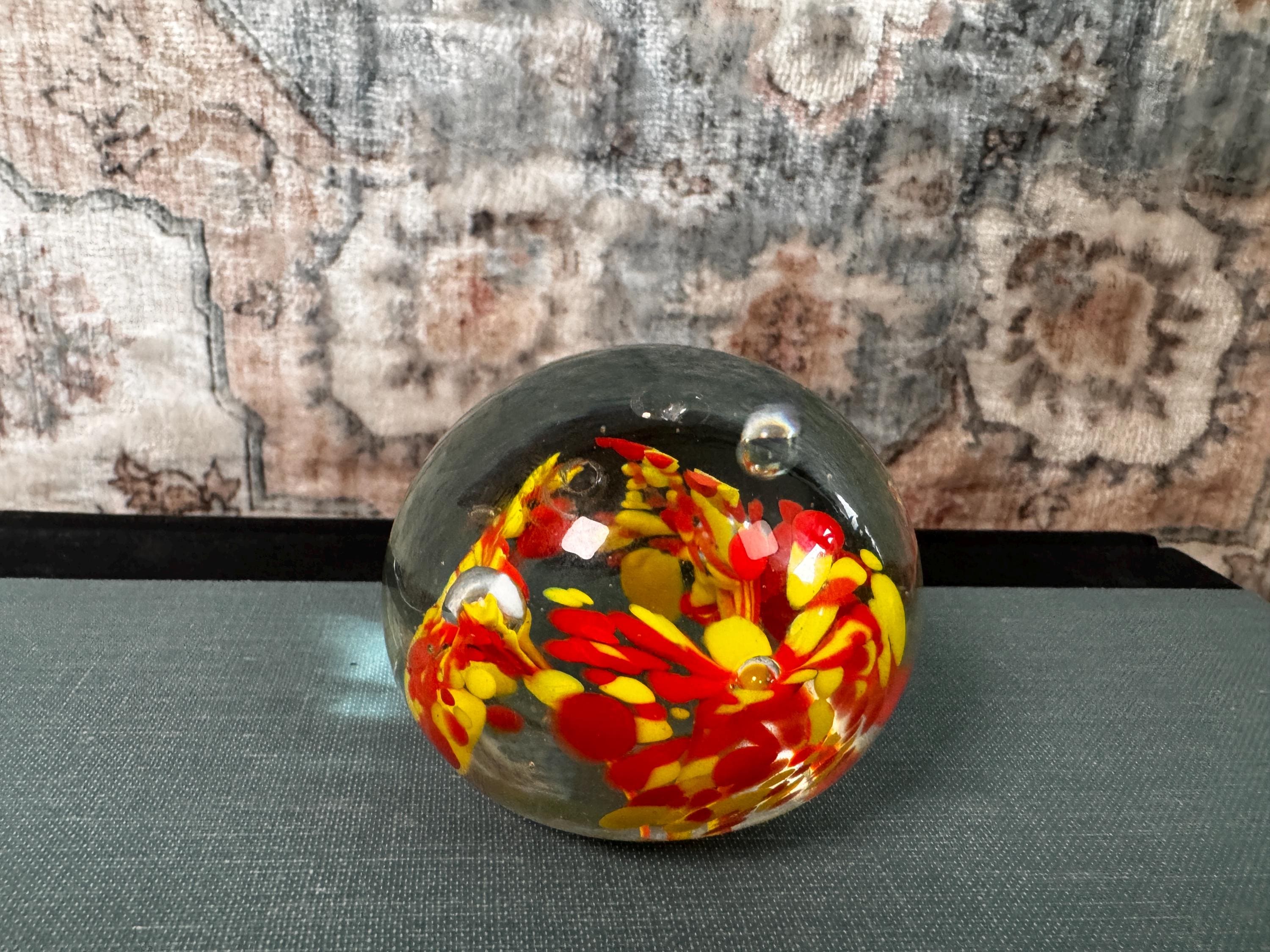 Vintage Glass Paperweight with Red and Yellow Floral Design