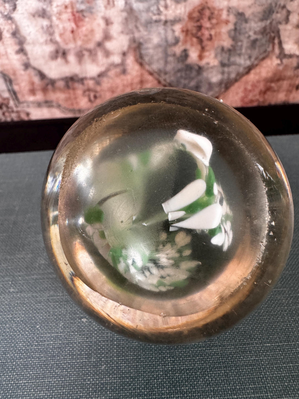 Vintage Glass Paperweight with Green and White Floral Design