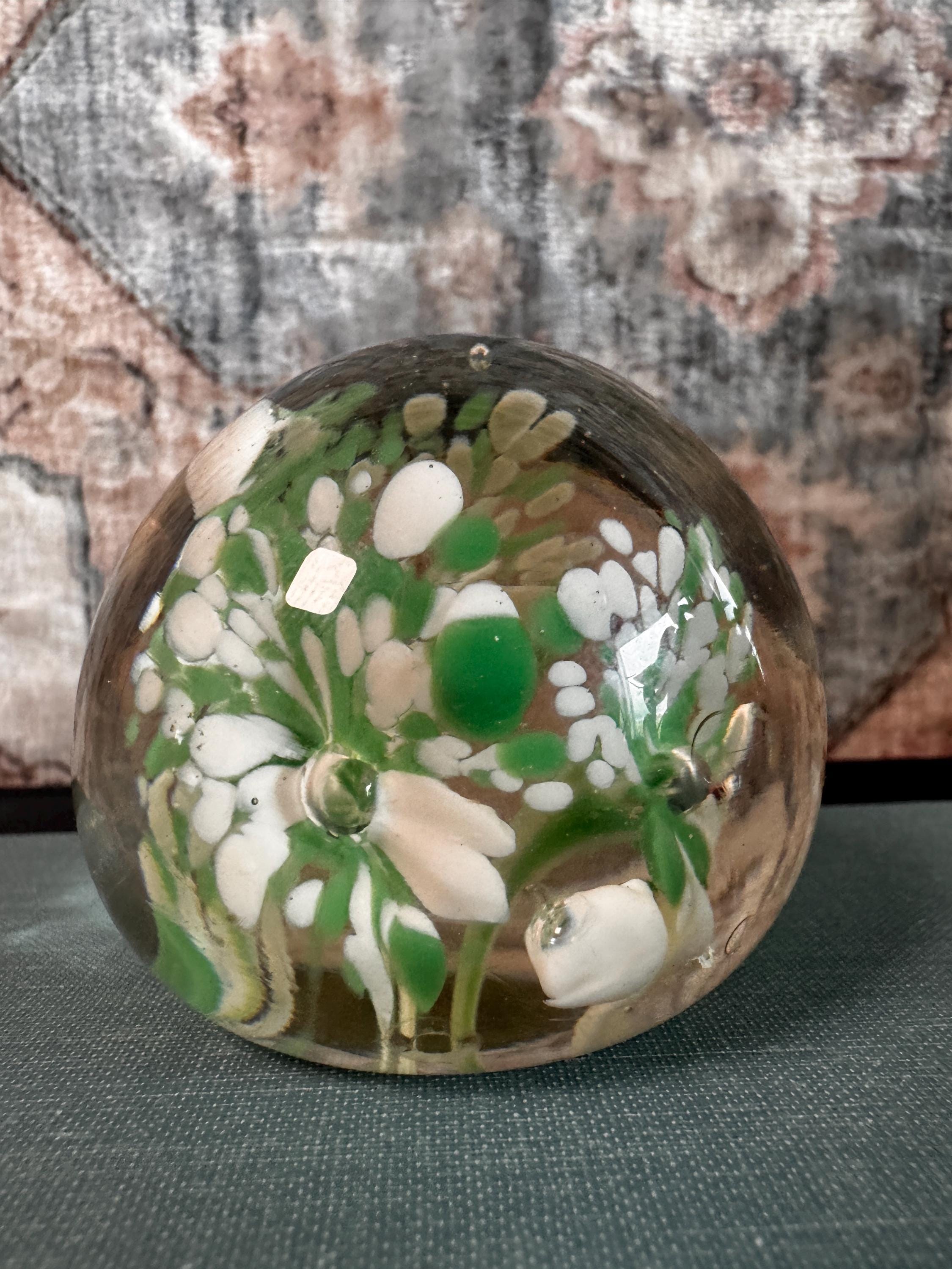 Vintage Glass Paperweight with Green and White Floral Design