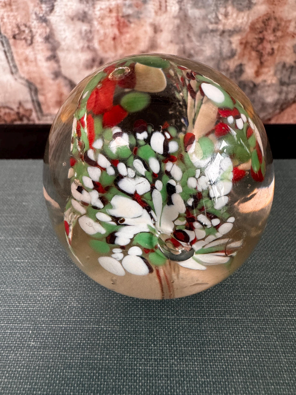 Vintage Glass Paperweight with Red, Green, and White Inclusions