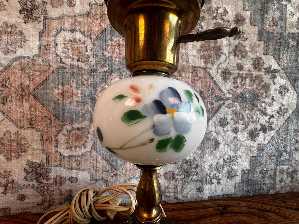 Vintage Electric Table Lamp with Floral Milk Glass Globe