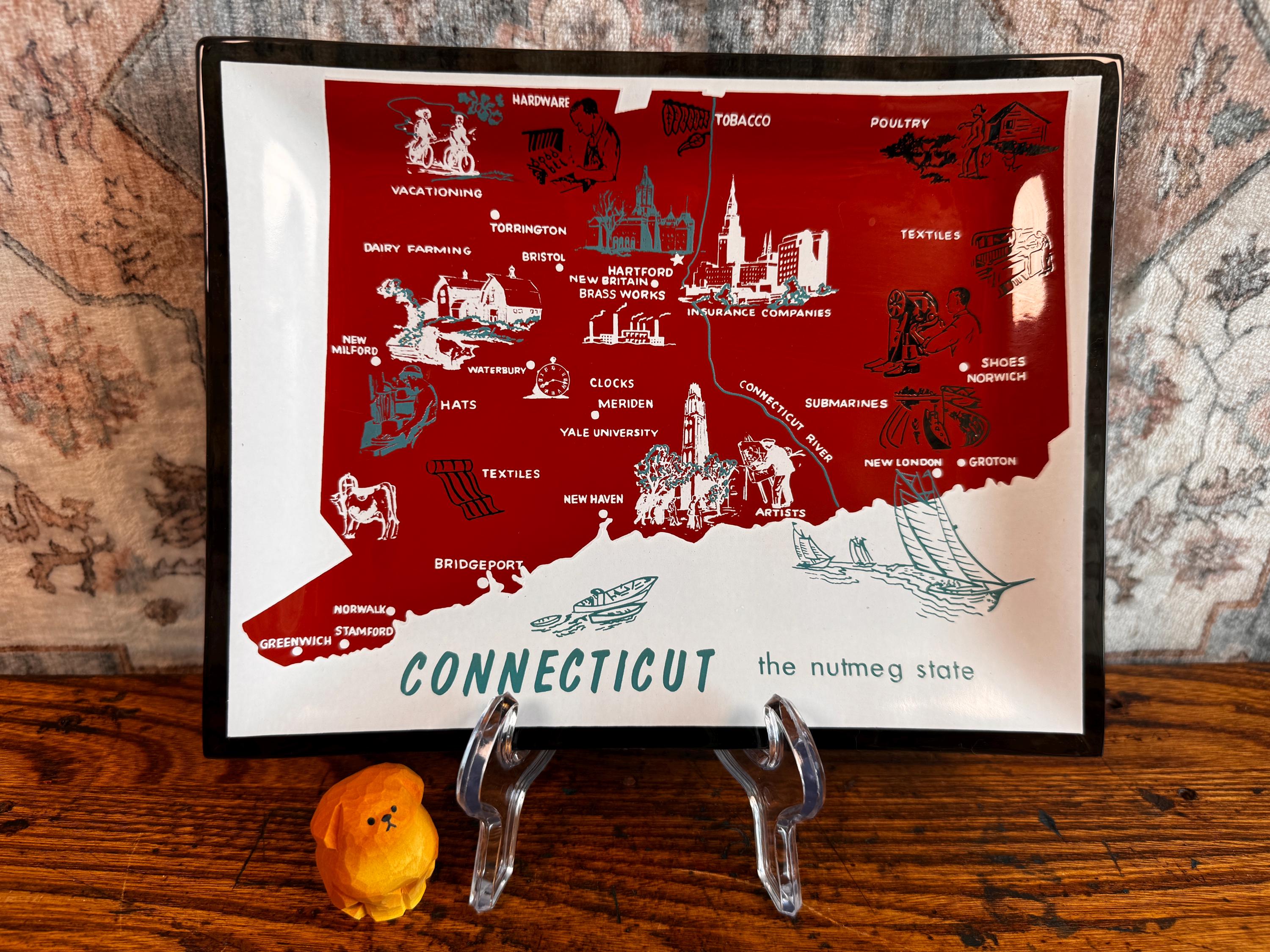 Pressed Glass Decorative Tray Featuring Connecticut State Map and Industry Highlights