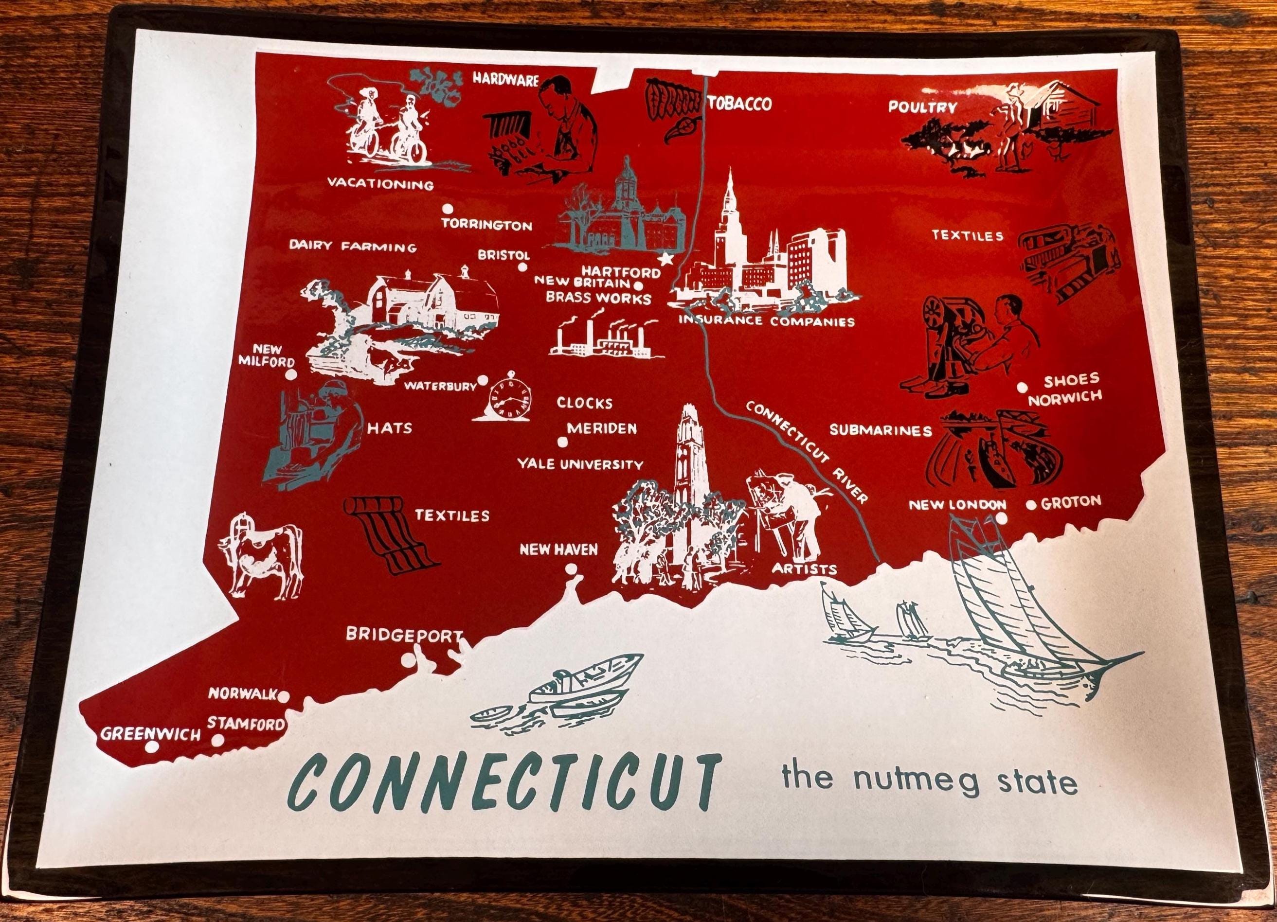 Pressed Glass Decorative Tray Featuring Connecticut State Map and Industry Highlights