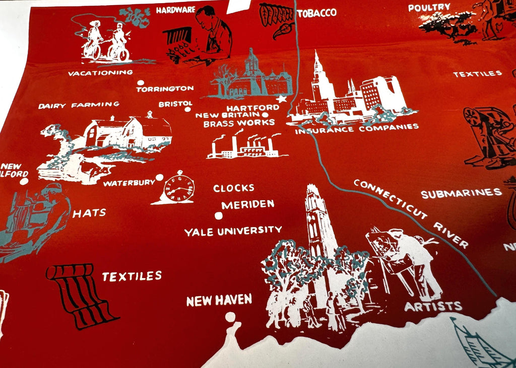 Pressed Glass Decorative Tray Featuring Connecticut State Map and Industry Highlights