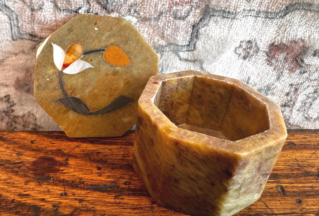 Octagonal Stone Trinket Box with Floral Inlay