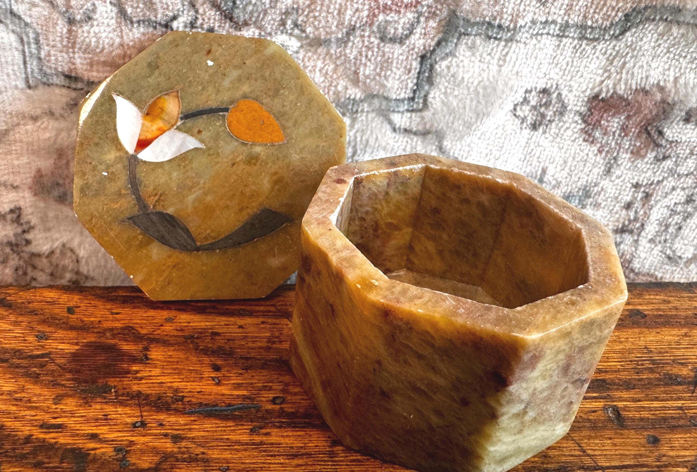 Octagonal Stone Trinket Box with Floral Inlay