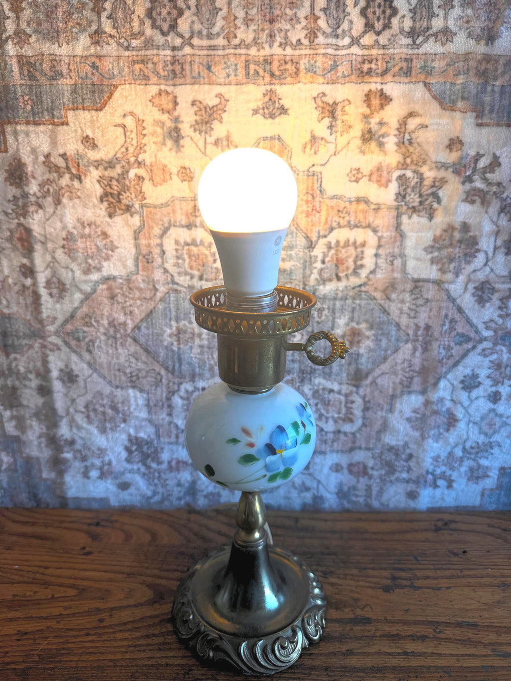Vintage Electric Table Lamp with Floral Milk Glass Globe