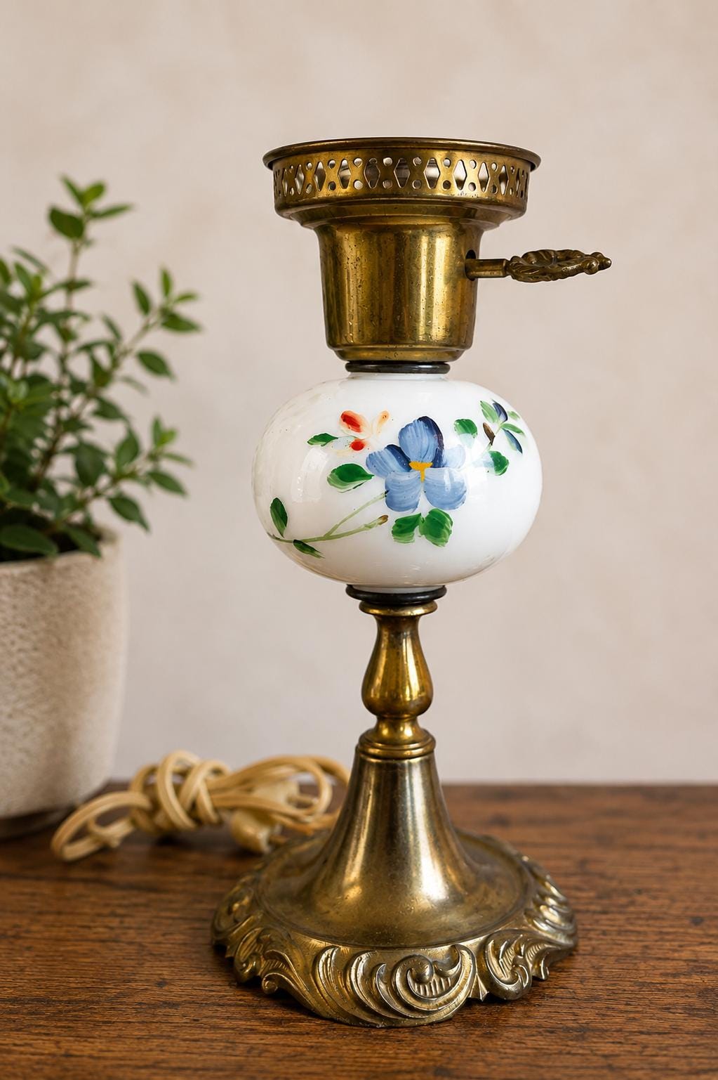 Vintage Electric Table Lamp with Floral Milk Glass Globe