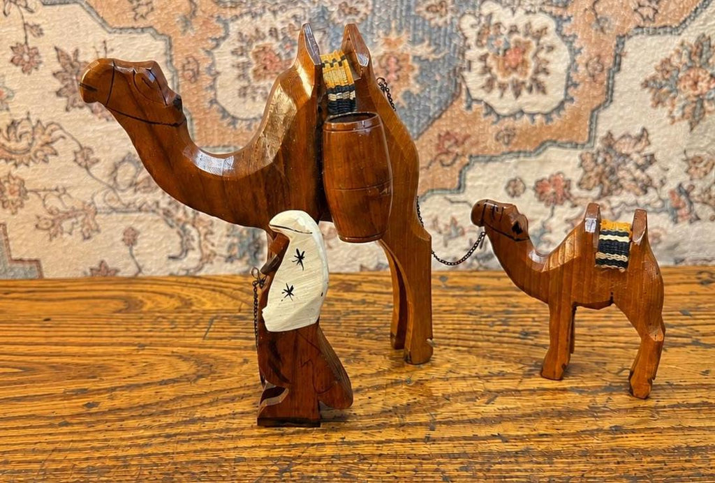 Vintage Hand Carved Wooden Camel Set | Folk Art Figurines