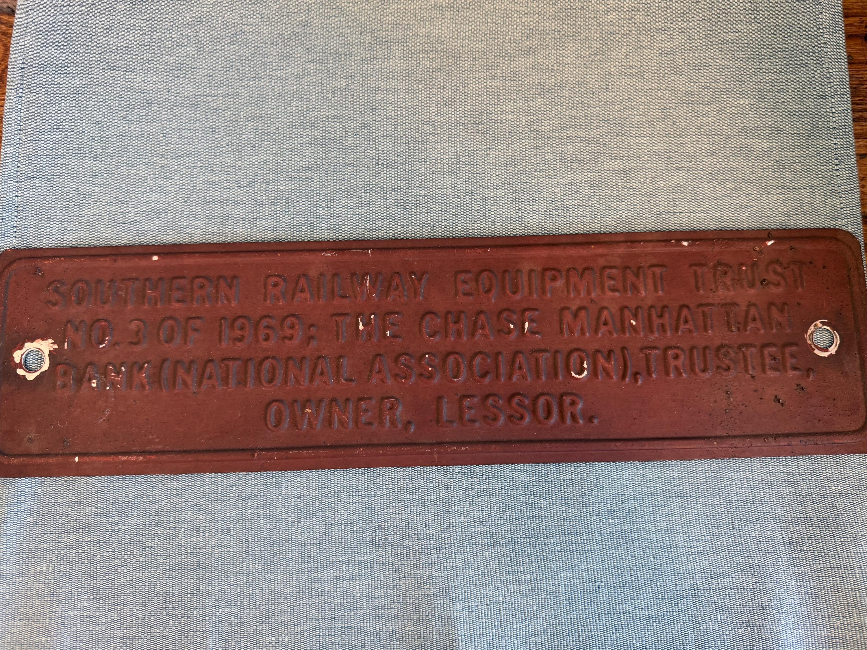 1969 Southern Railway Equipment Trust Plaque