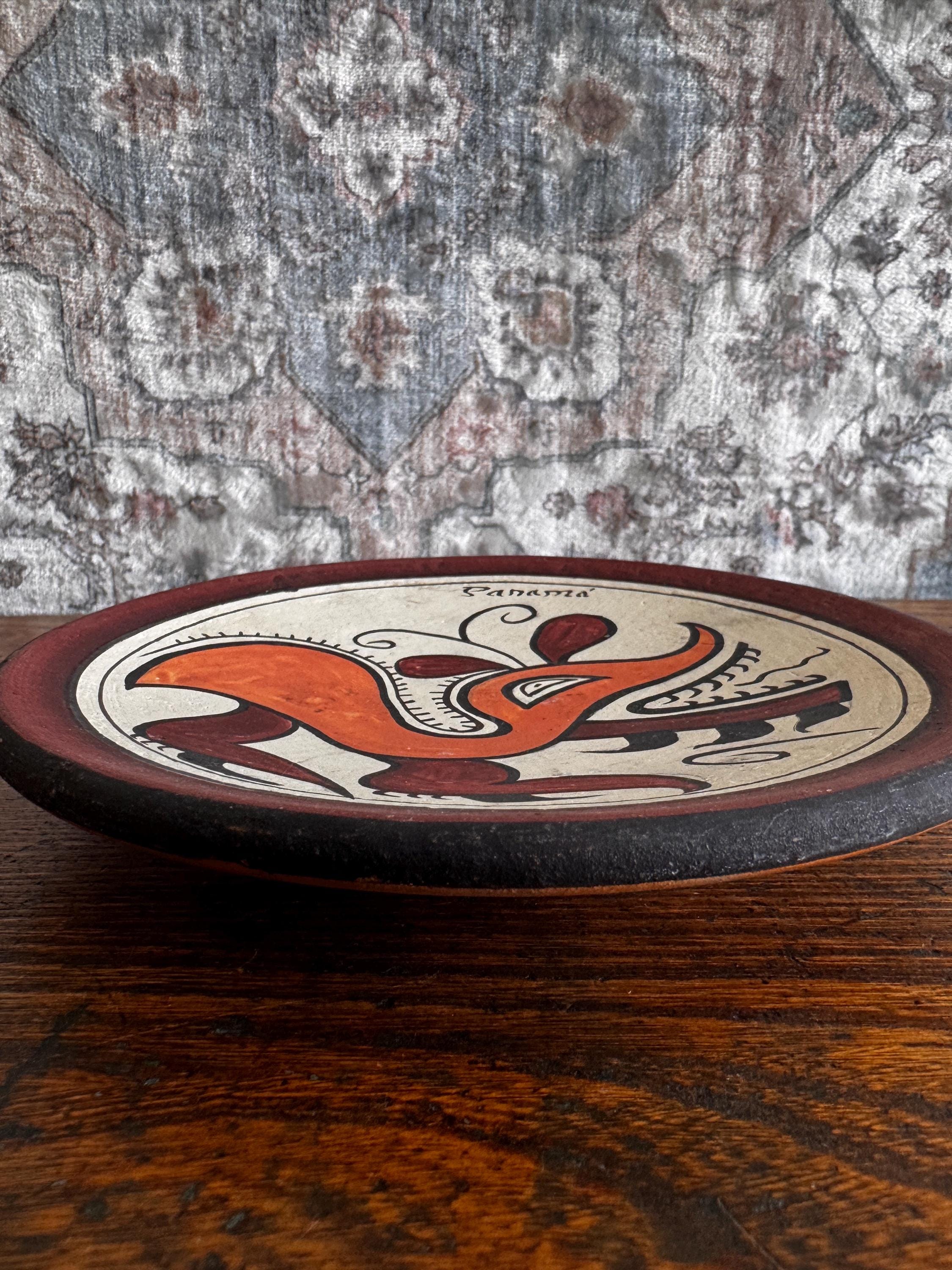 Panama Terracotta Decorative Plate with Hand-Painted Design