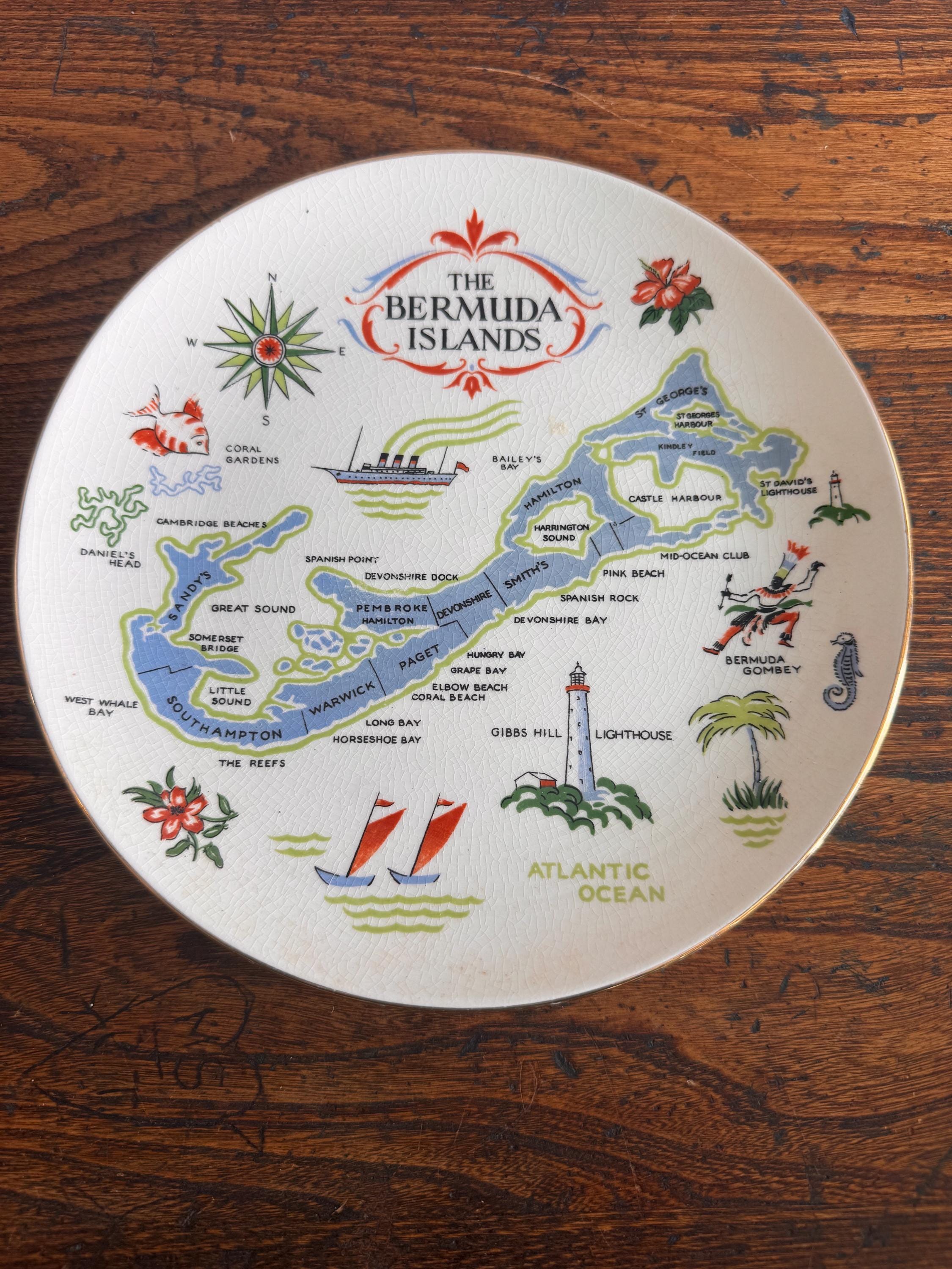 Bermuda Islands Decorative Plate Set with Vintage Map and Illustrations