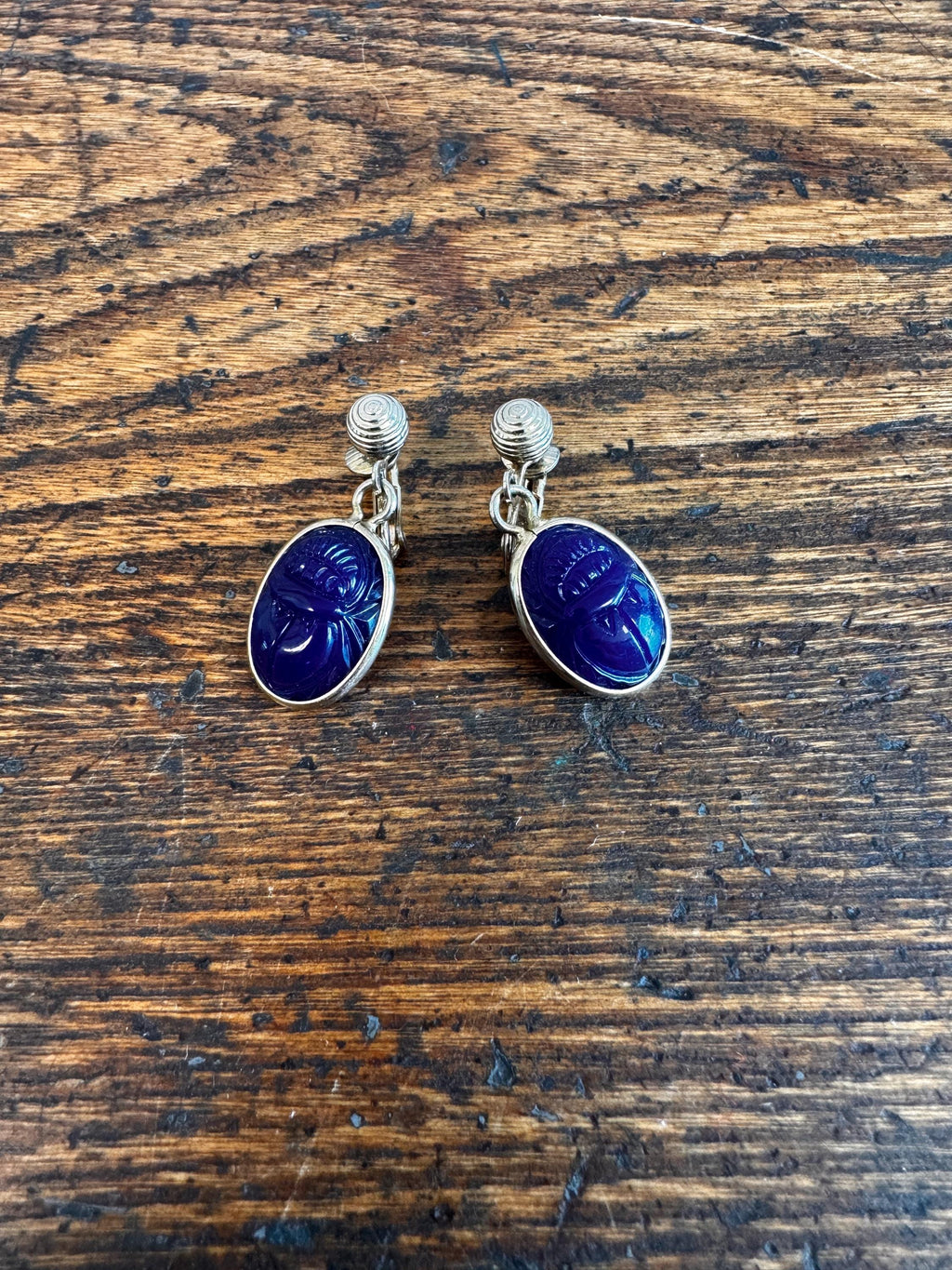 Blue Scarab Clip-On Earrings