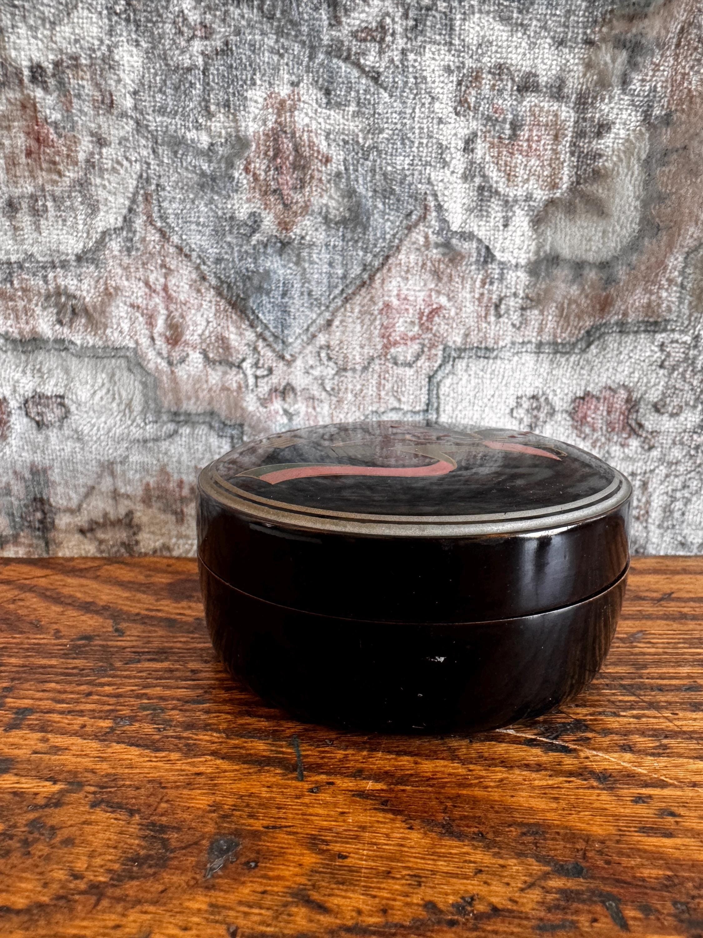 Decorative Black Lacquered Round Box with Butterfly Design