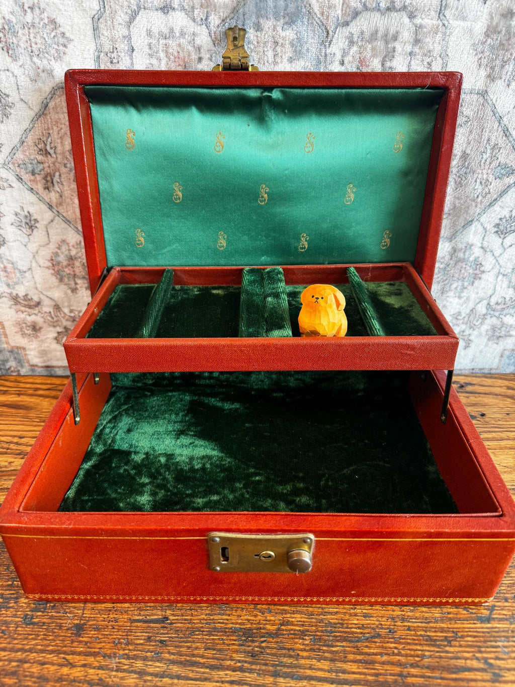 Vintage Red Leather Jewelry Box with Green Velvet Interior