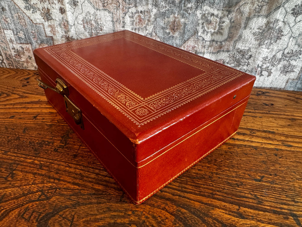 Vintage Red Leather Jewelry Box with Green Velvet Interior