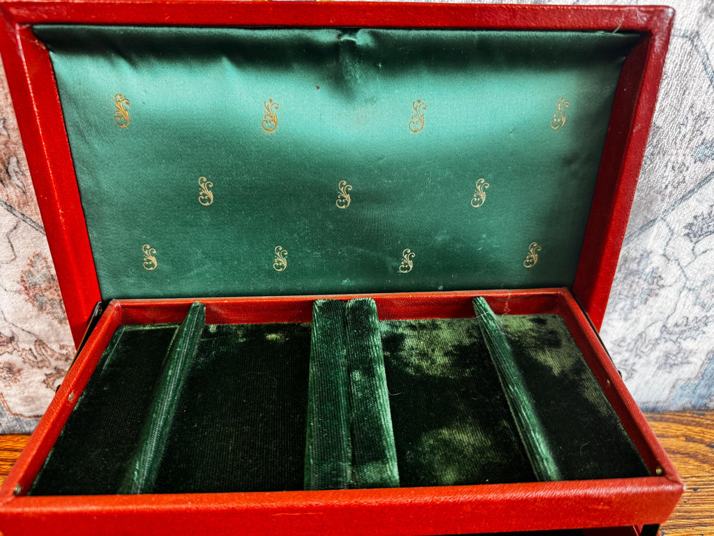 Vintage Red Leather Jewelry Box with Green Velvet Interior