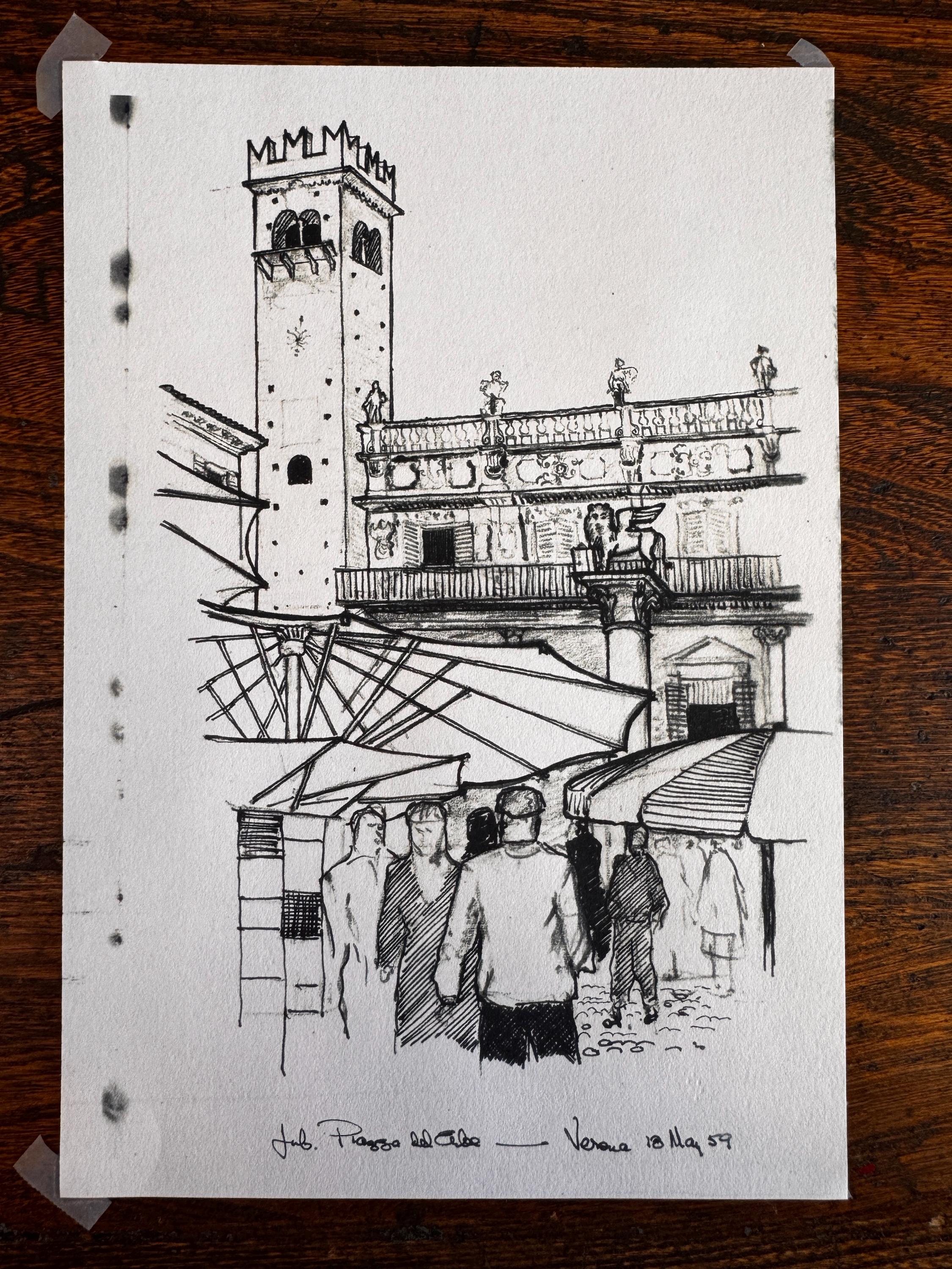 Piazza del Cibo, Verona | 1959 Pen and Ink Drawing