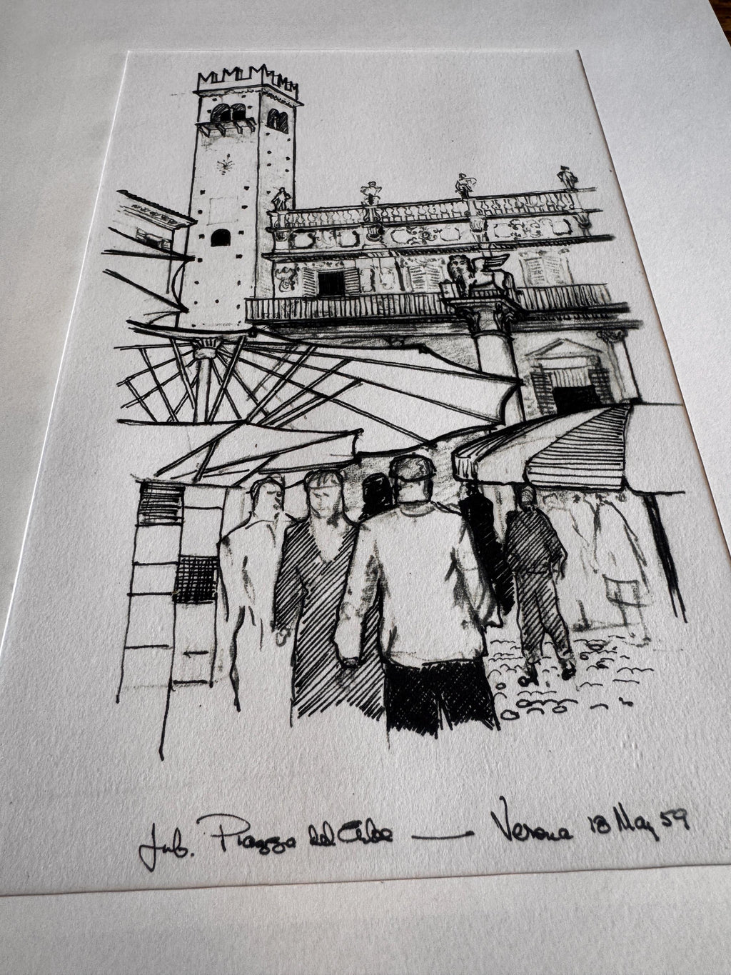 Piazza del Cibo, Verona | 1959 Pen and Ink Drawing