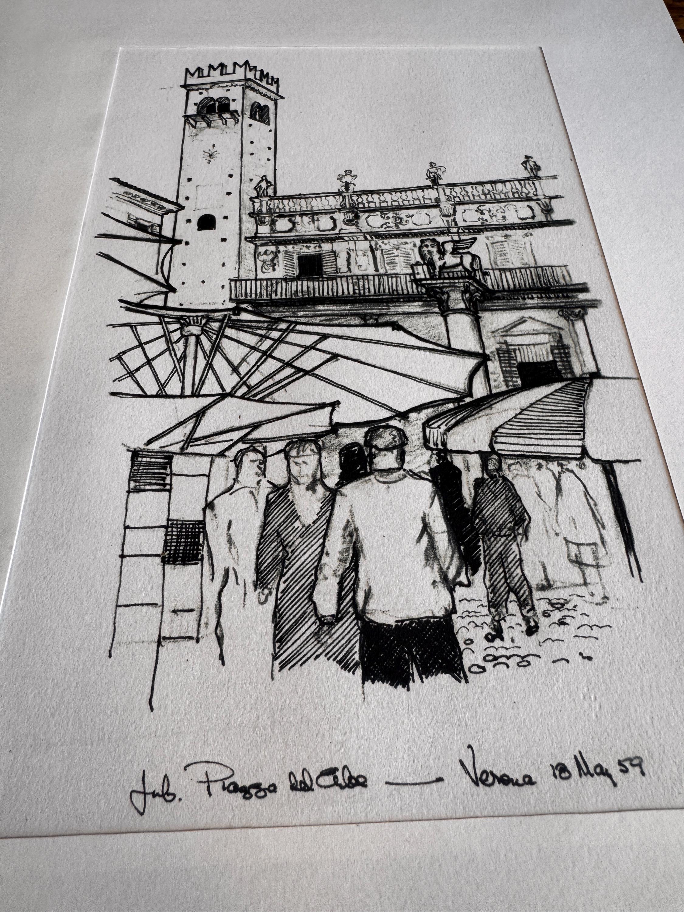 Piazza del Cibo, Verona | 1959 Pen and Ink Drawing