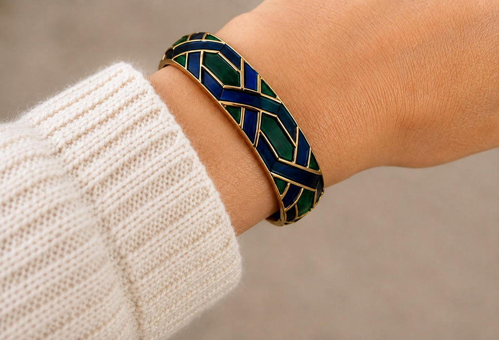 Boucher Green & Blue Enamel Hinged Bangle Bracelet