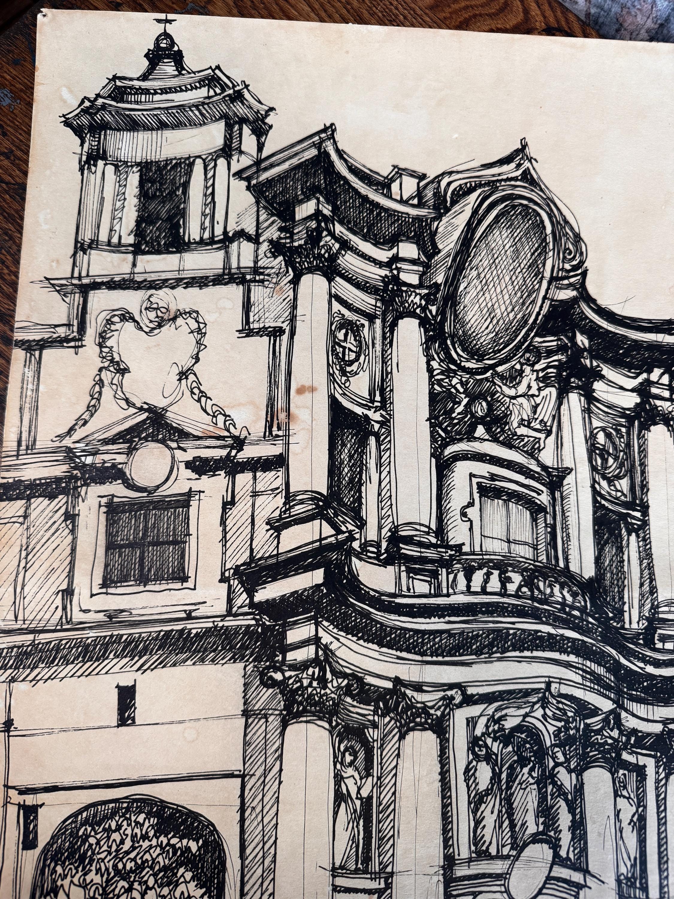 San Carlo alle Quattro Fontane Pen and Ink Drawing