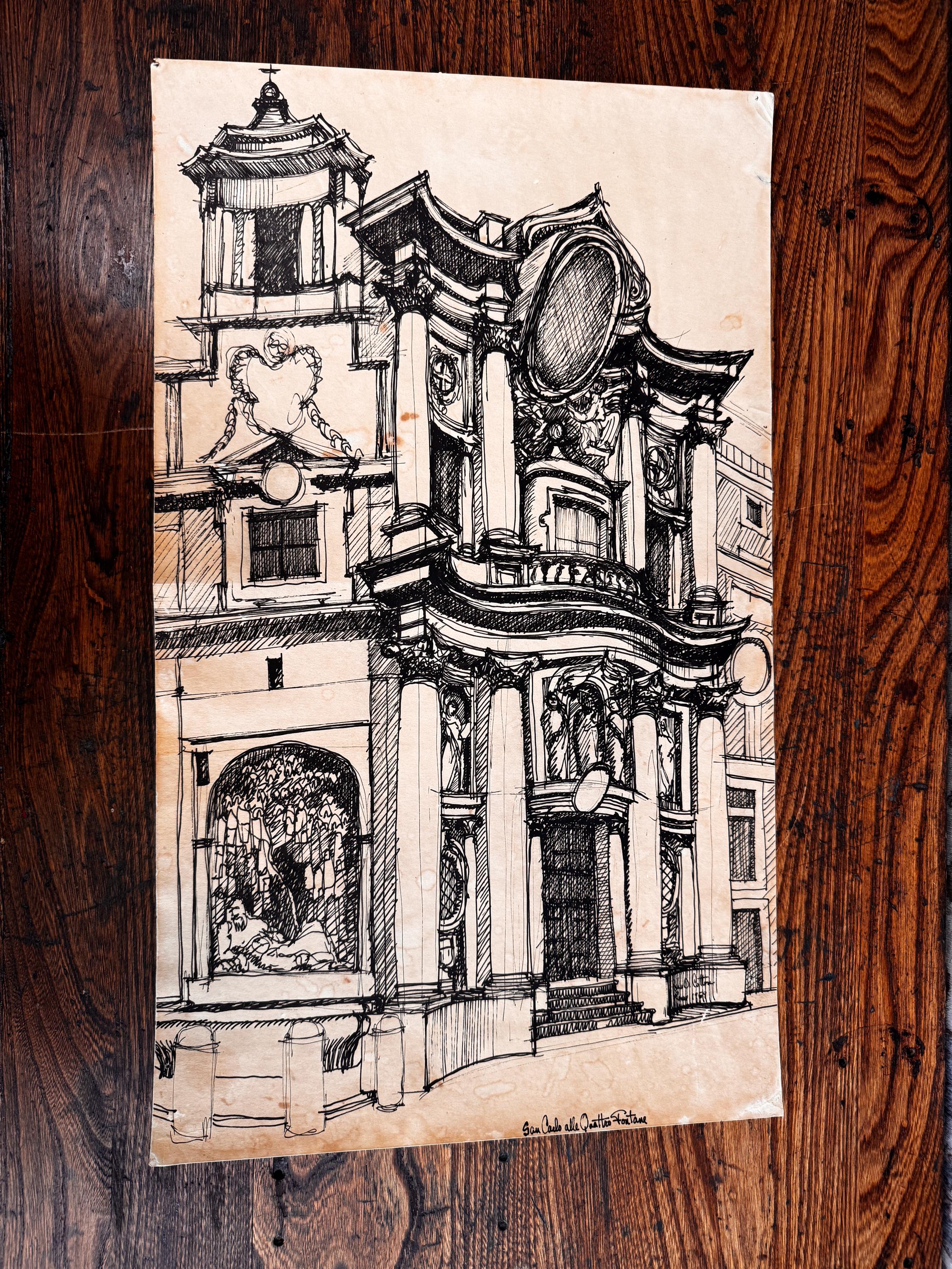 San Carlo alle Quattro Fontane Pen and Ink Drawing