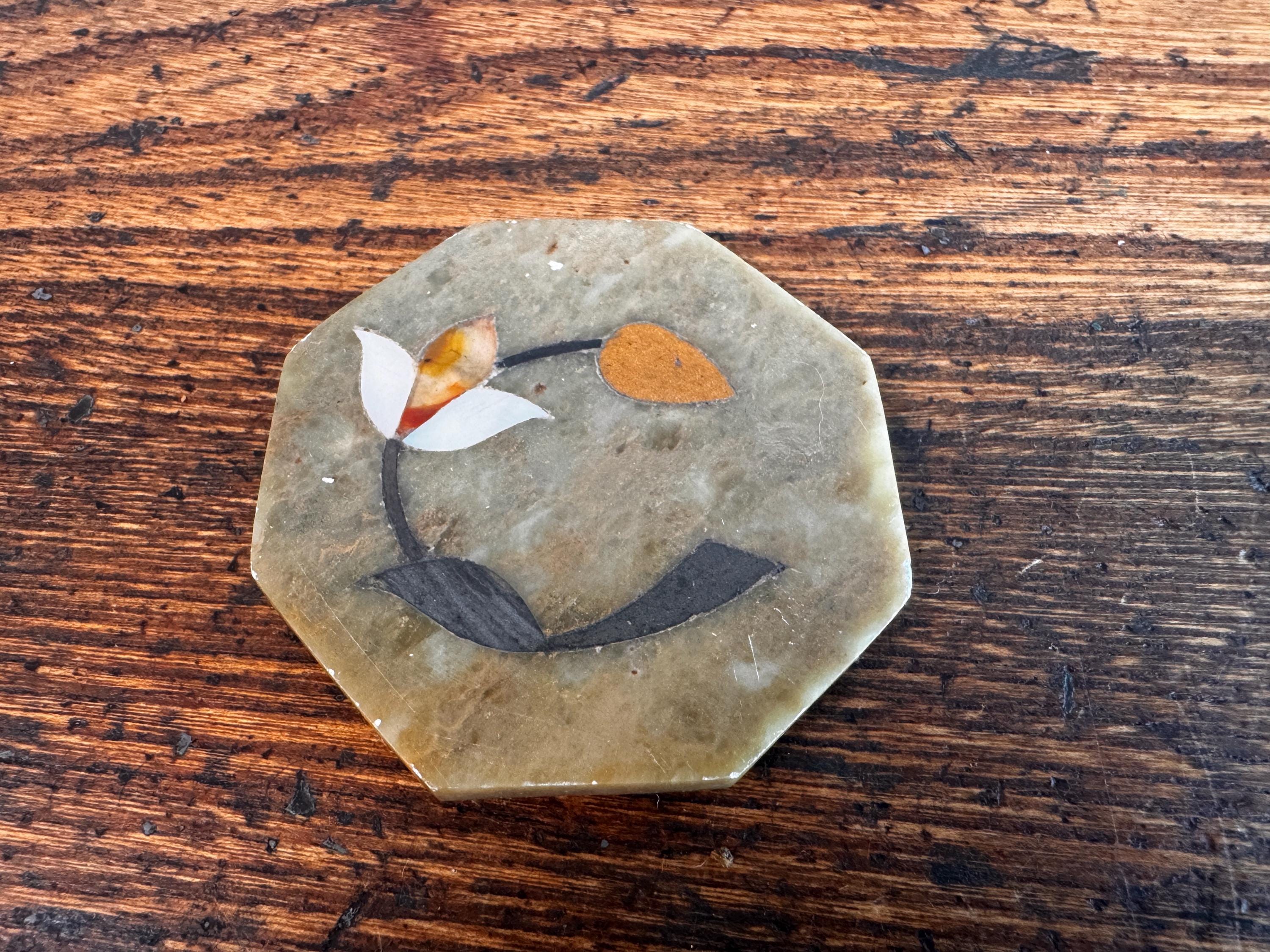 Octagonal Stone Trinket Box with Floral Inlay