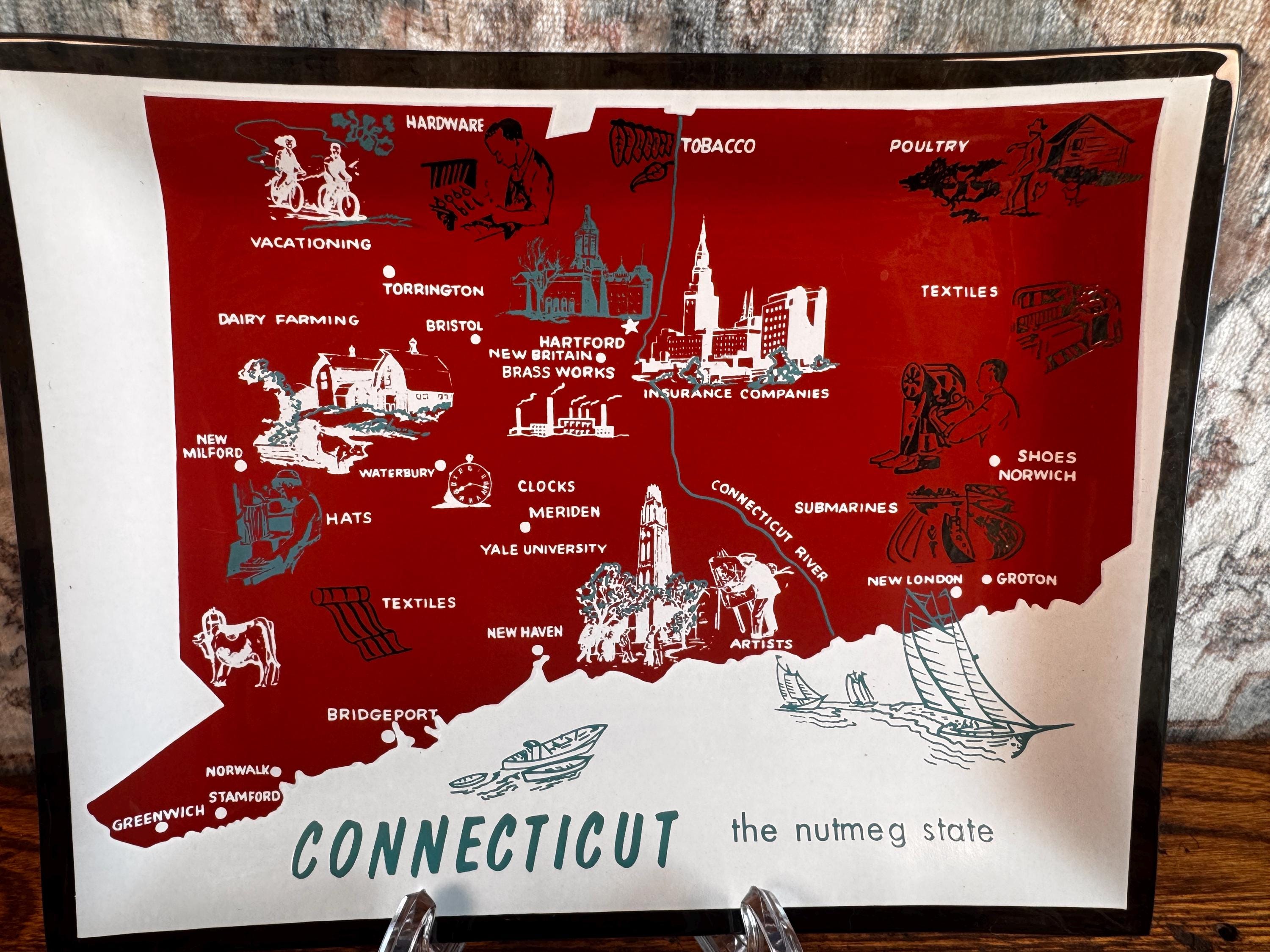 Pressed Glass Decorative Tray Featuring Connecticut State Map and Industry Highlights