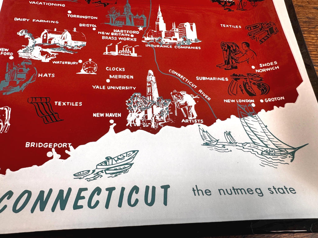 Pressed Glass Decorative Tray Featuring Connecticut State Map and Industry Highlights