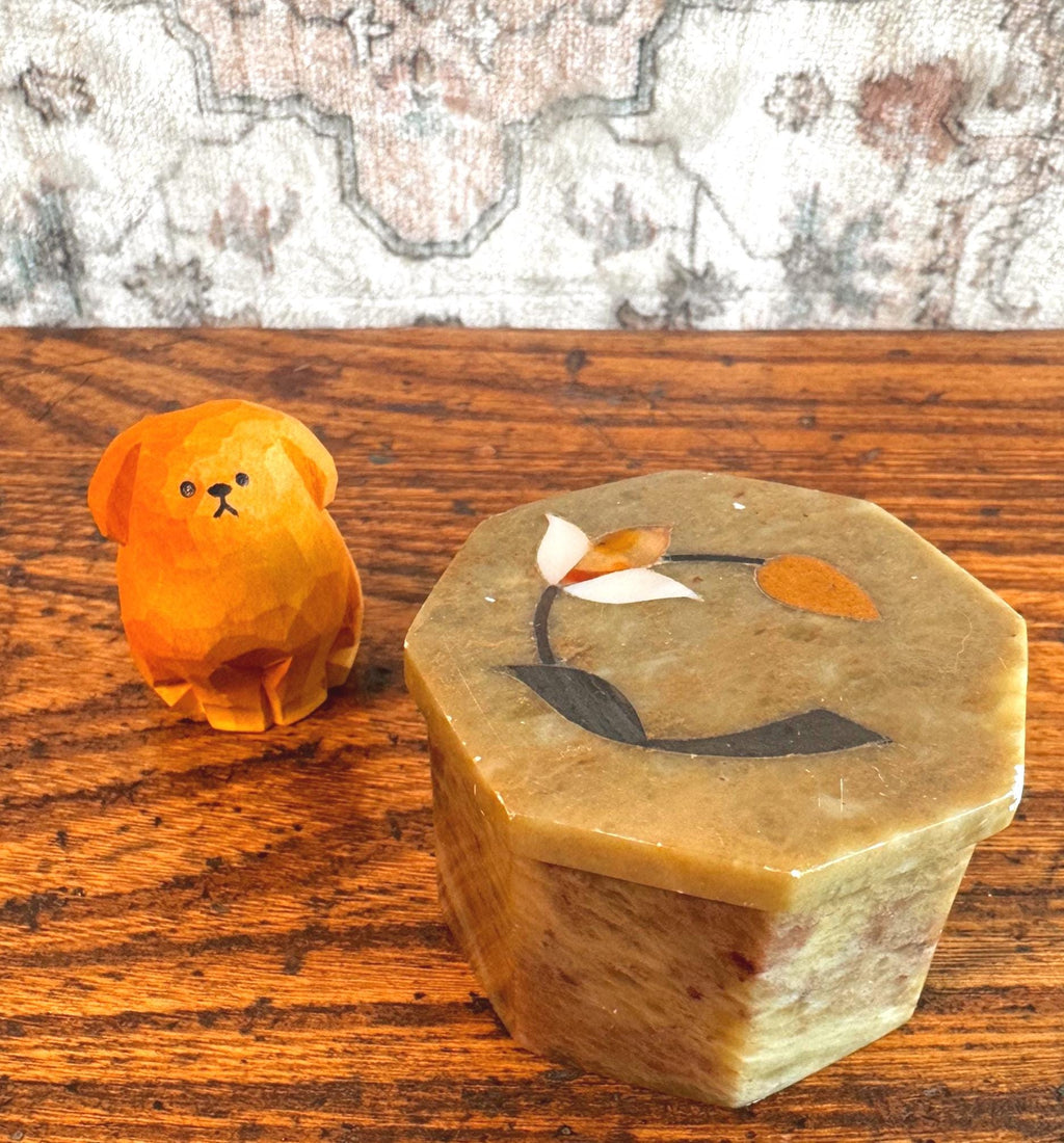 Octagonal Stone Trinket Box with Floral Inlay