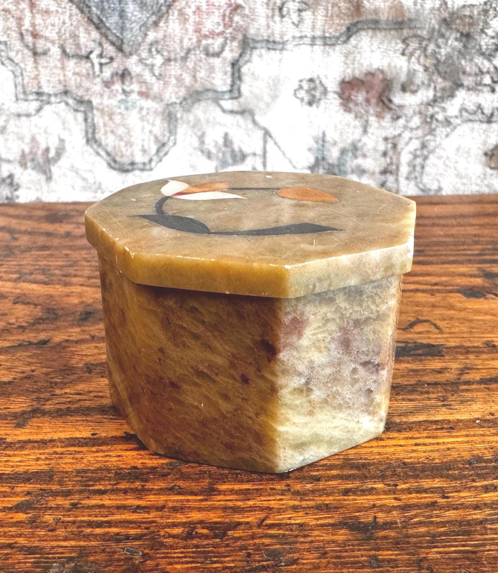 Octagonal Stone Trinket Box with Floral Inlay