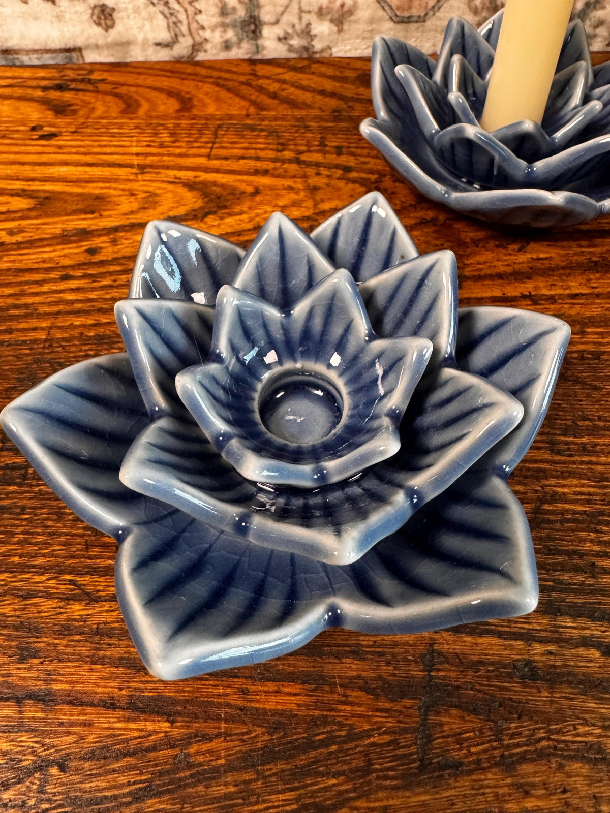 Blue Ceramic Lotus Flower Candle Holders by Siam Celadon