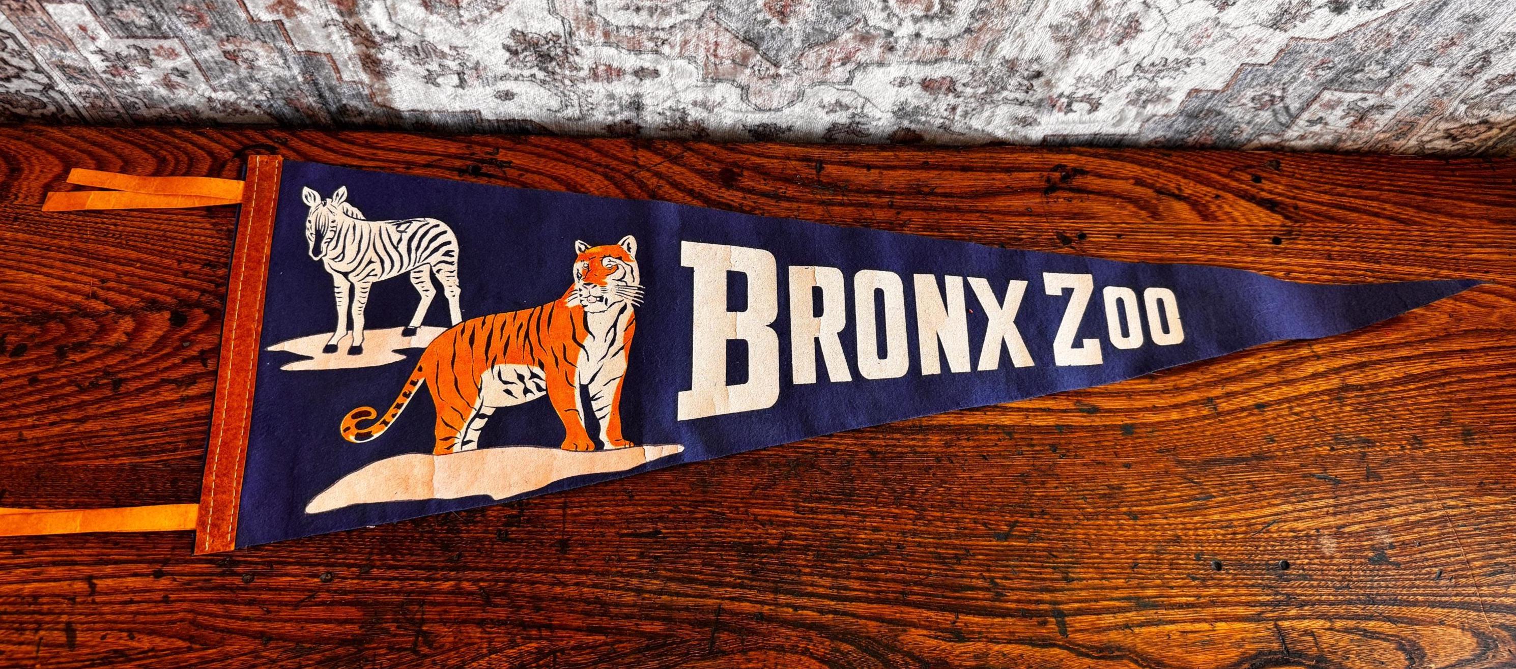 Vintage Bronx Zoo Felt Souvenir Pennant with Tiger and Zebra