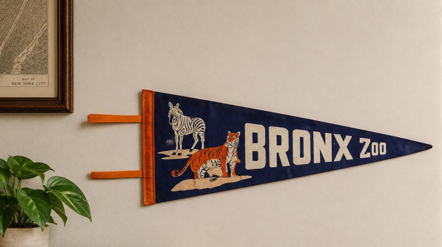 Vintage Bronx Zoo Felt Souvenir Pennant with Tiger and Zebra