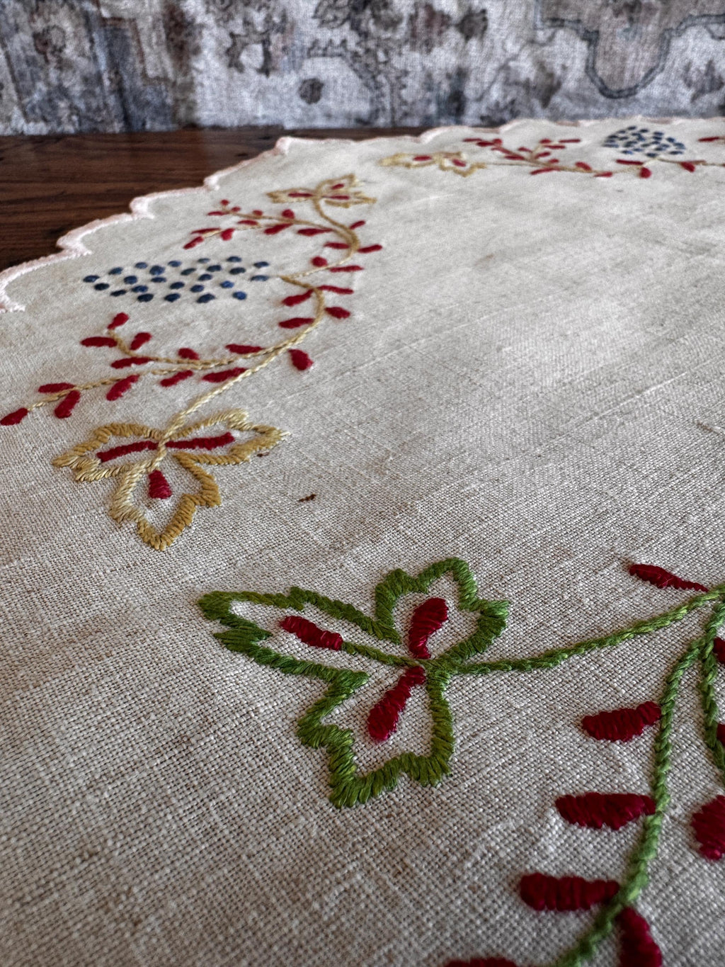 Hand-Embroidered Round Linen Doily with Floral Motifs