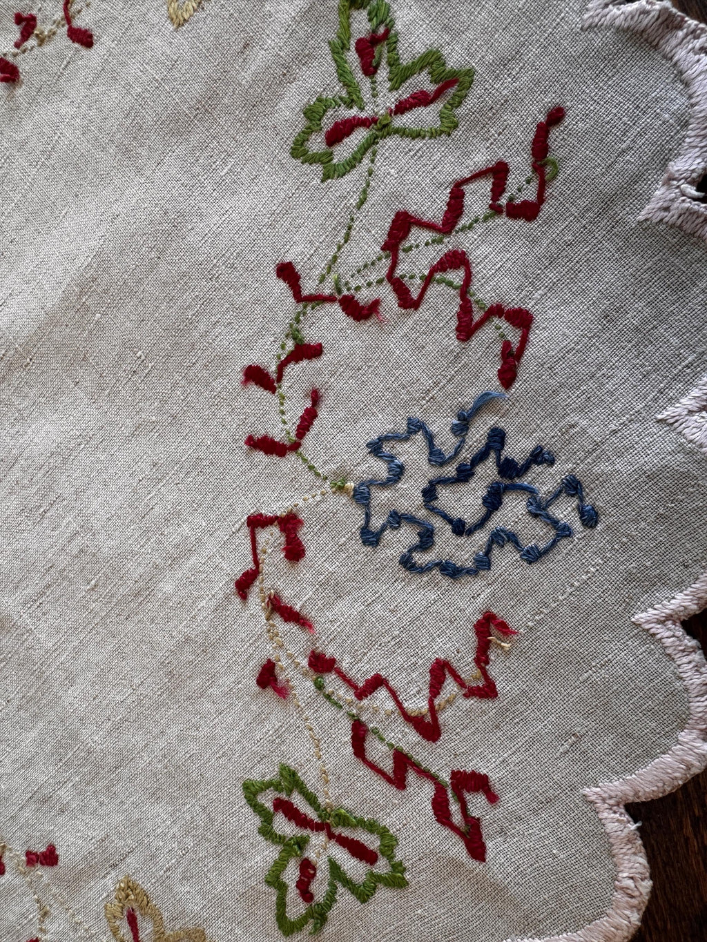 Hand-Embroidered Round Linen Doily with Floral Motifs