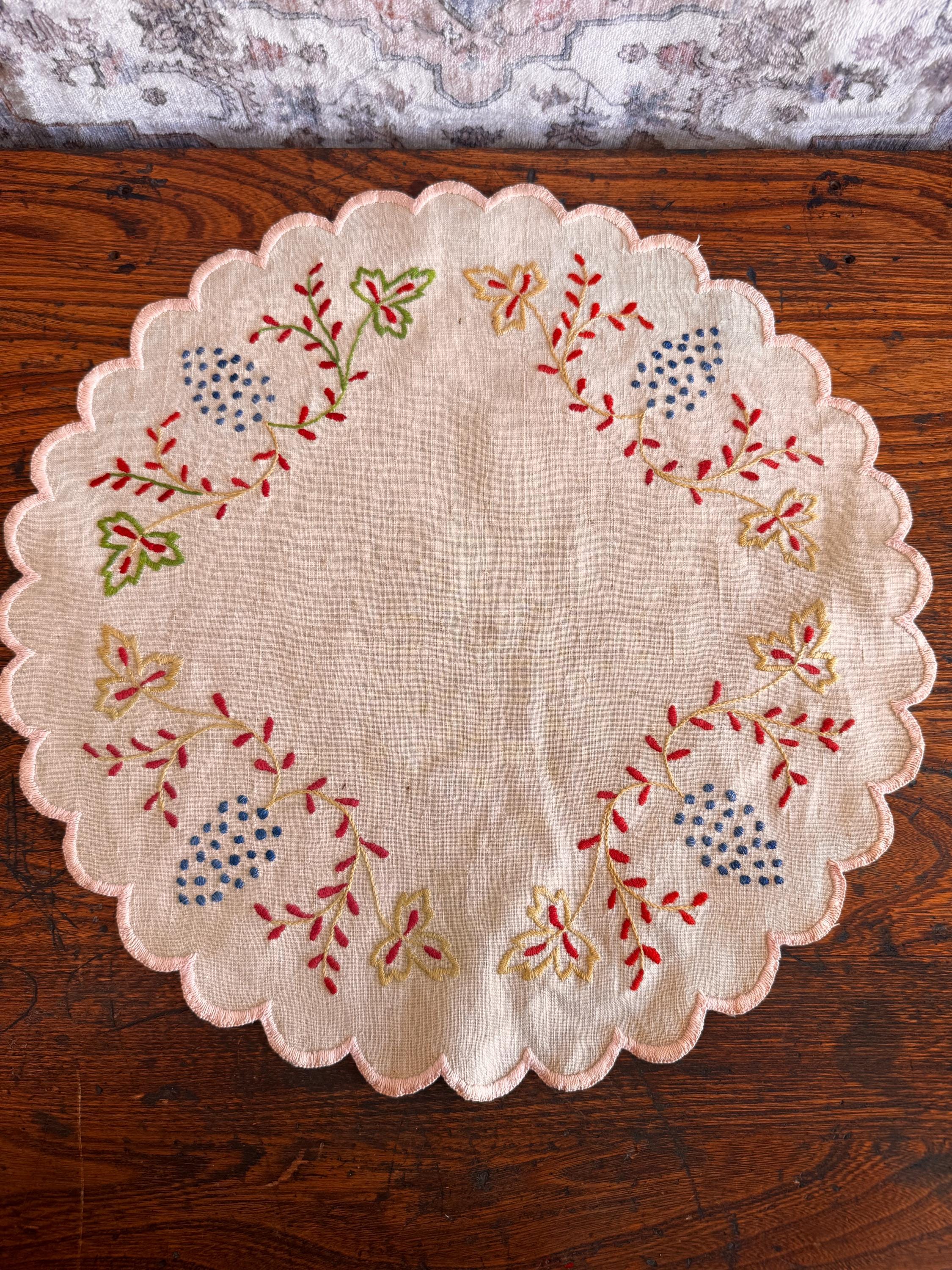 Hand-Embroidered Round Linen Doily with Floral Motifs